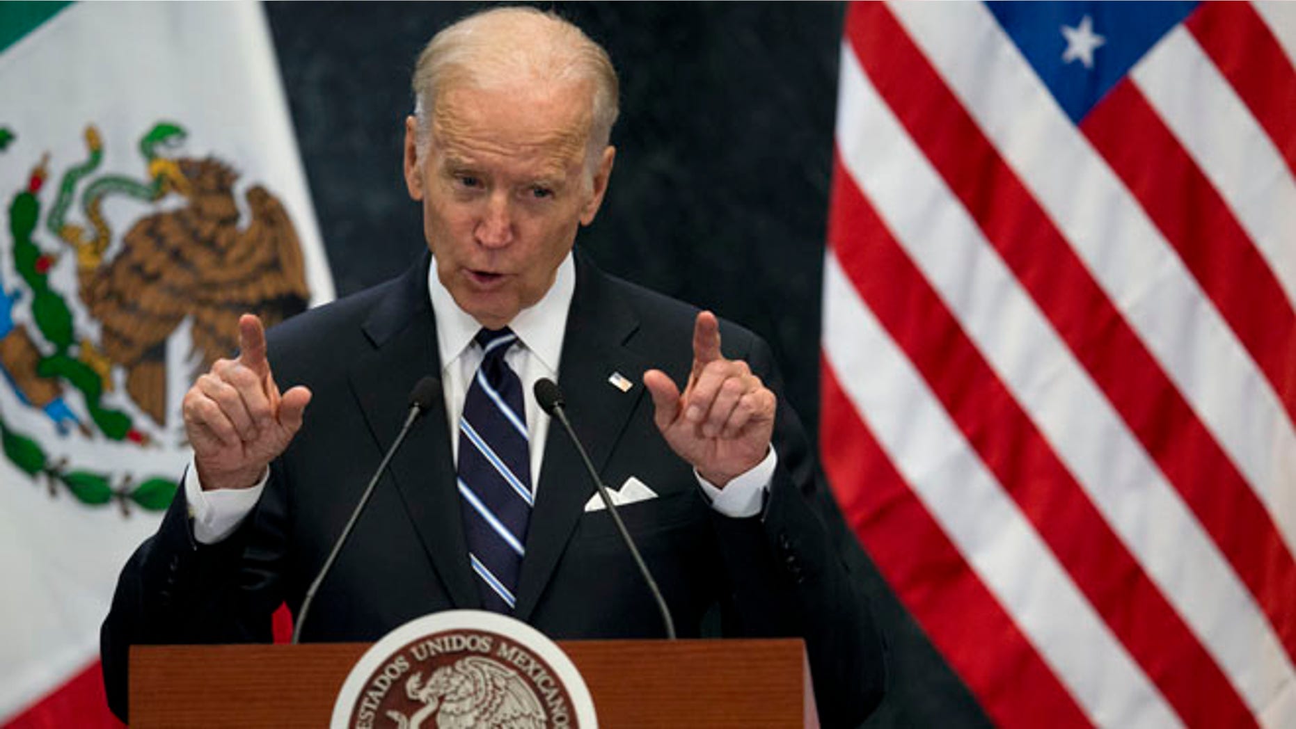 U.S. Vice President Joe Biden speaks during a joint message to the press with Mexican President Enrique Pena Nieto, in Mexico City, Thursday, Feb. 25, 2016. Biden led a high-level U.S. delegation for annual talks on boosting economic and commercial ties with Mexico, one of the United States' top trading partners. (AP Photo/Rebecca Blackwell)
