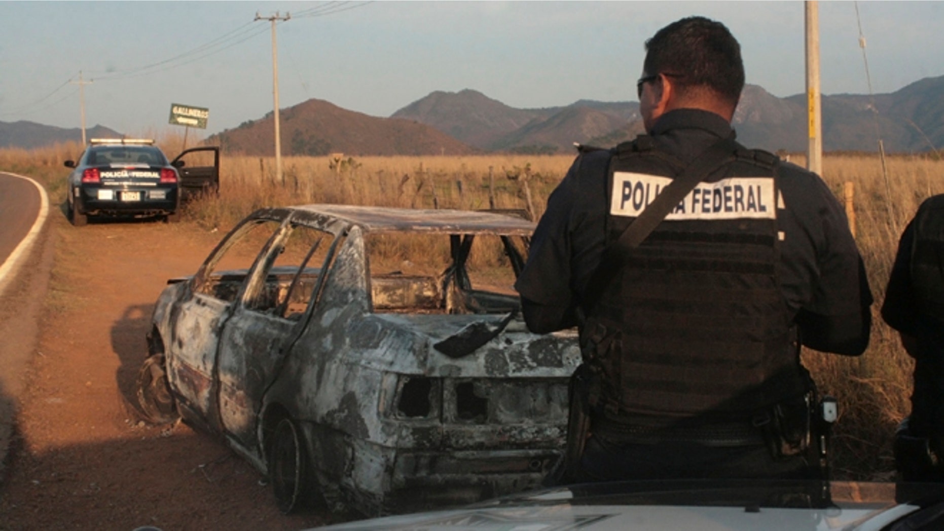 Federal police stand next to a bullet riddled and burned car after a criminal gang ambushed a police convoy near the town of Soyatlan, near Puerto Vallarta, Mexico, Monday, April 6, 2015. (AP Photo)
