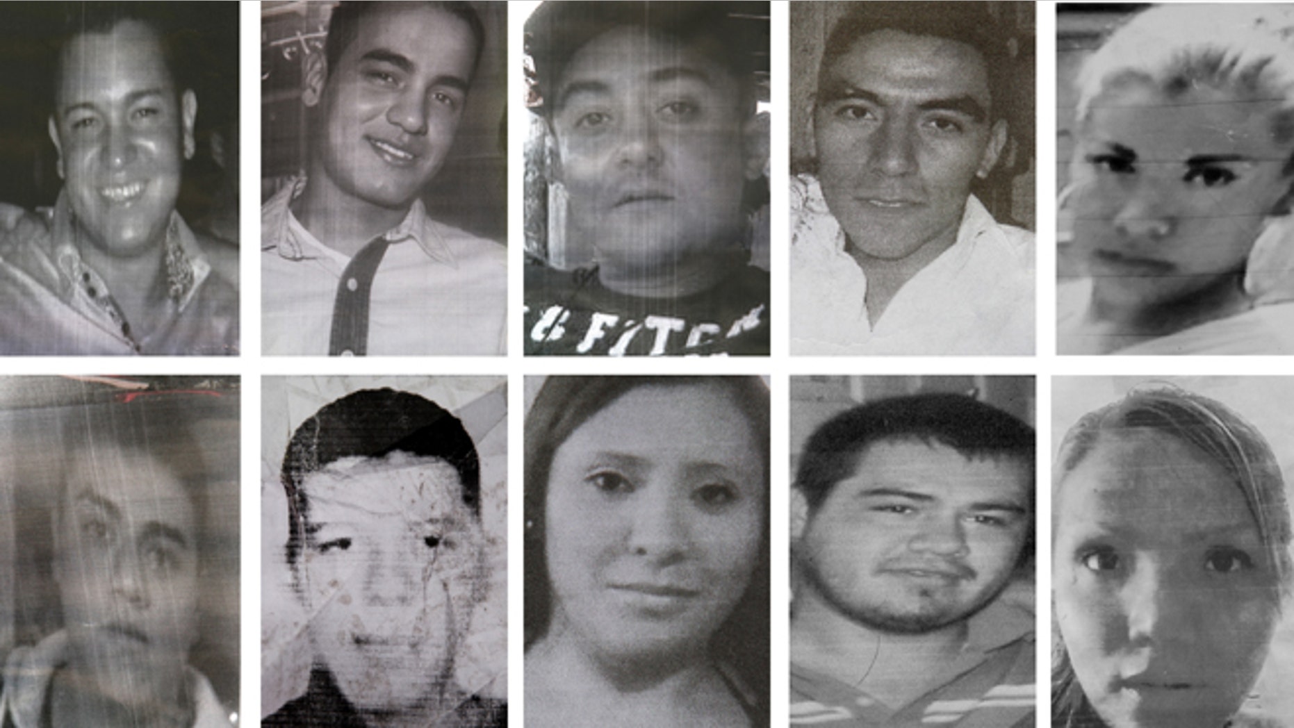 Photo composite of images showing ten of the twelve people kidnapped in broad daylight from an after hours bar in Mexico City Sunday May 26, 2013.