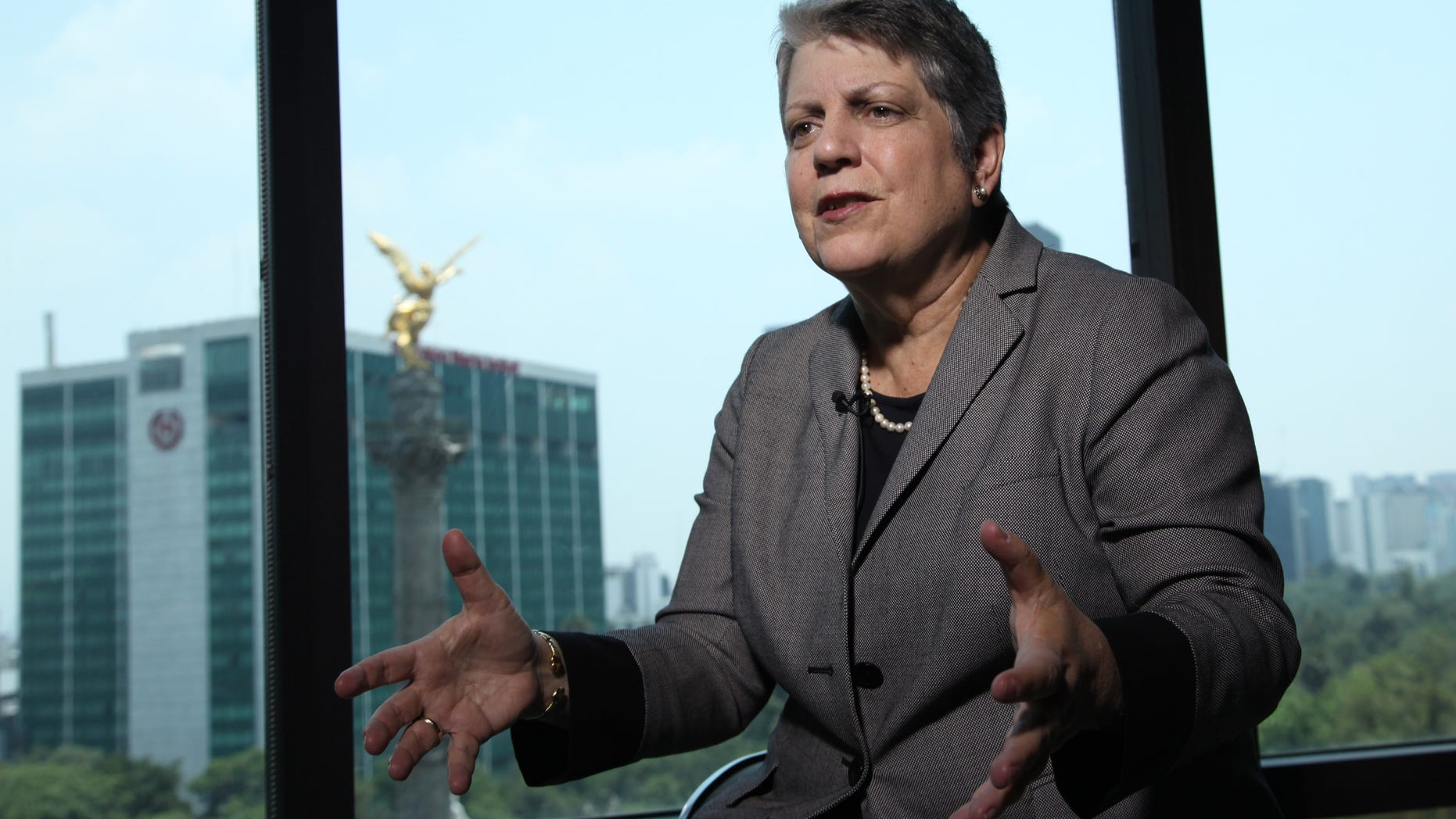 University of California President Janet Napolitano speaks during an interview with The Associated Press in Mexico City, Wednesday May 21, 2014. The former U.S. secretary of homeland security says political calls for more walls and policing at the U.S.-Mexico border is a "straw man" designed to defeat immigration reform. (AP Photo/Marco Ugarte)