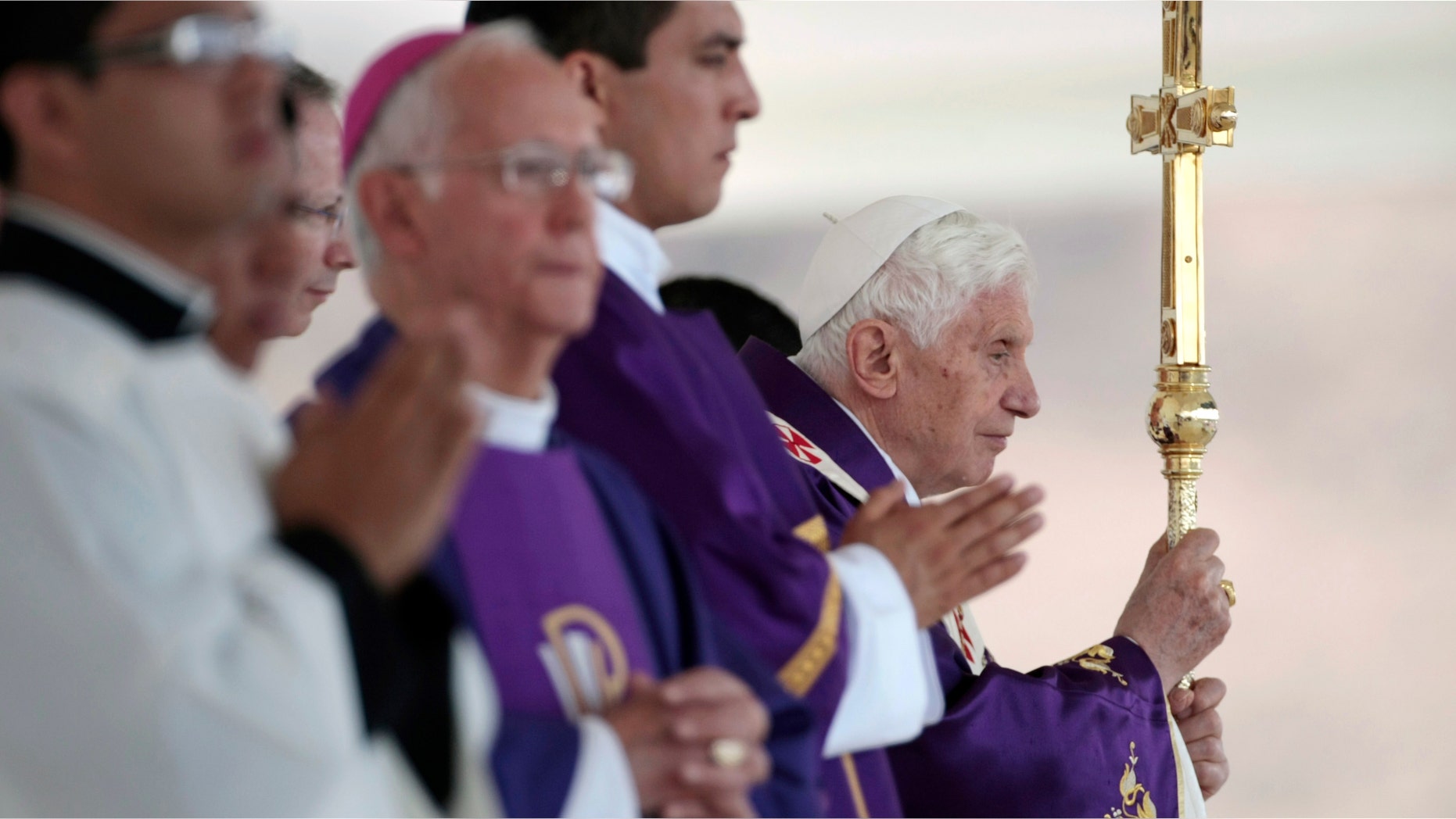 Pope Benedict XVI holds the pastoral staff as he celebrates Mass in Bicentennial Park near Silao, Mexico, Sunday March 25, 2012. (AP Photo/Gregorio Borgia)