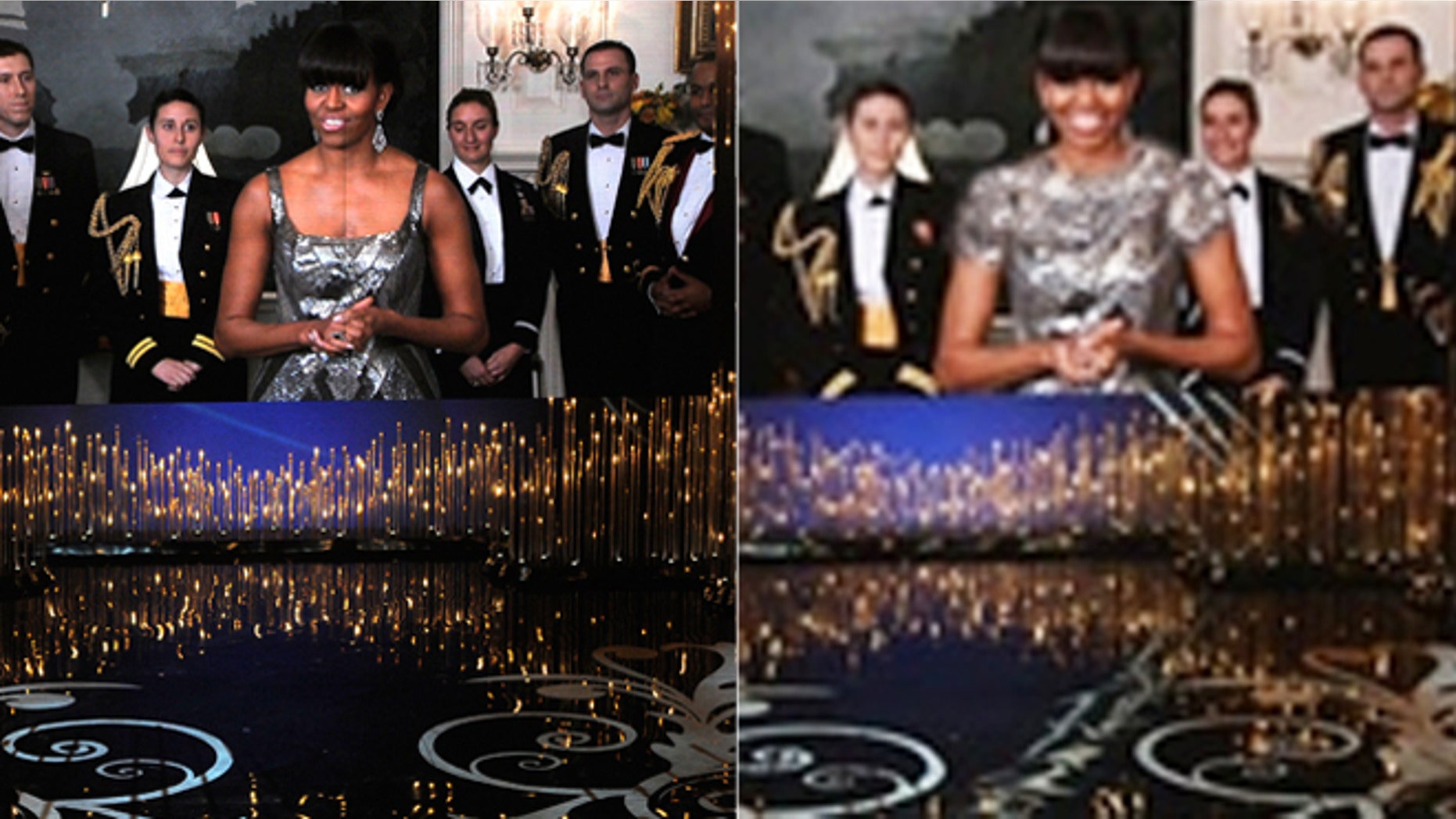 Michelle Obama is seen at the Oscars, left. Her dress was edited by Far News in Iran, right.