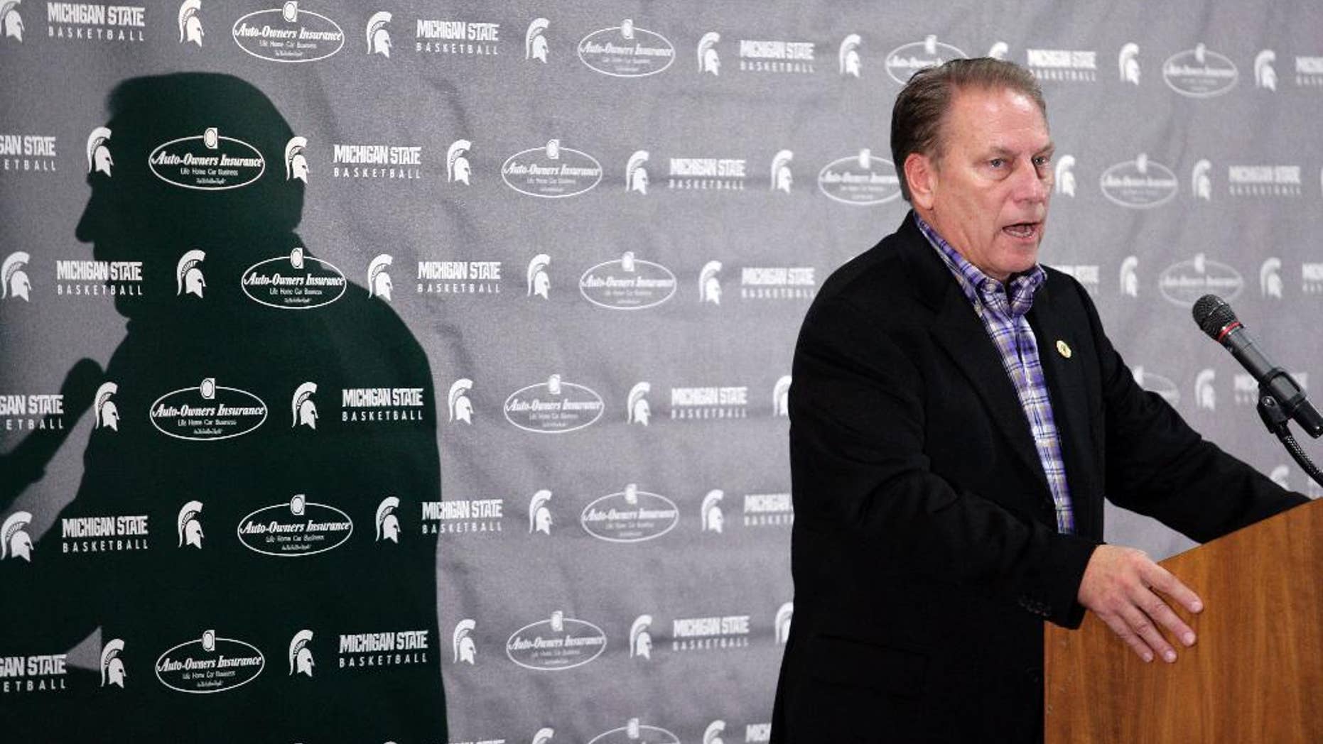 Michigan State coach Tom Izzo talks about the upcoming season during his team's NCAA college basketball media day, Tuesday, Oct. 28, 2014, in East Lansing, Mich. (AP Photo/Al Goldis)