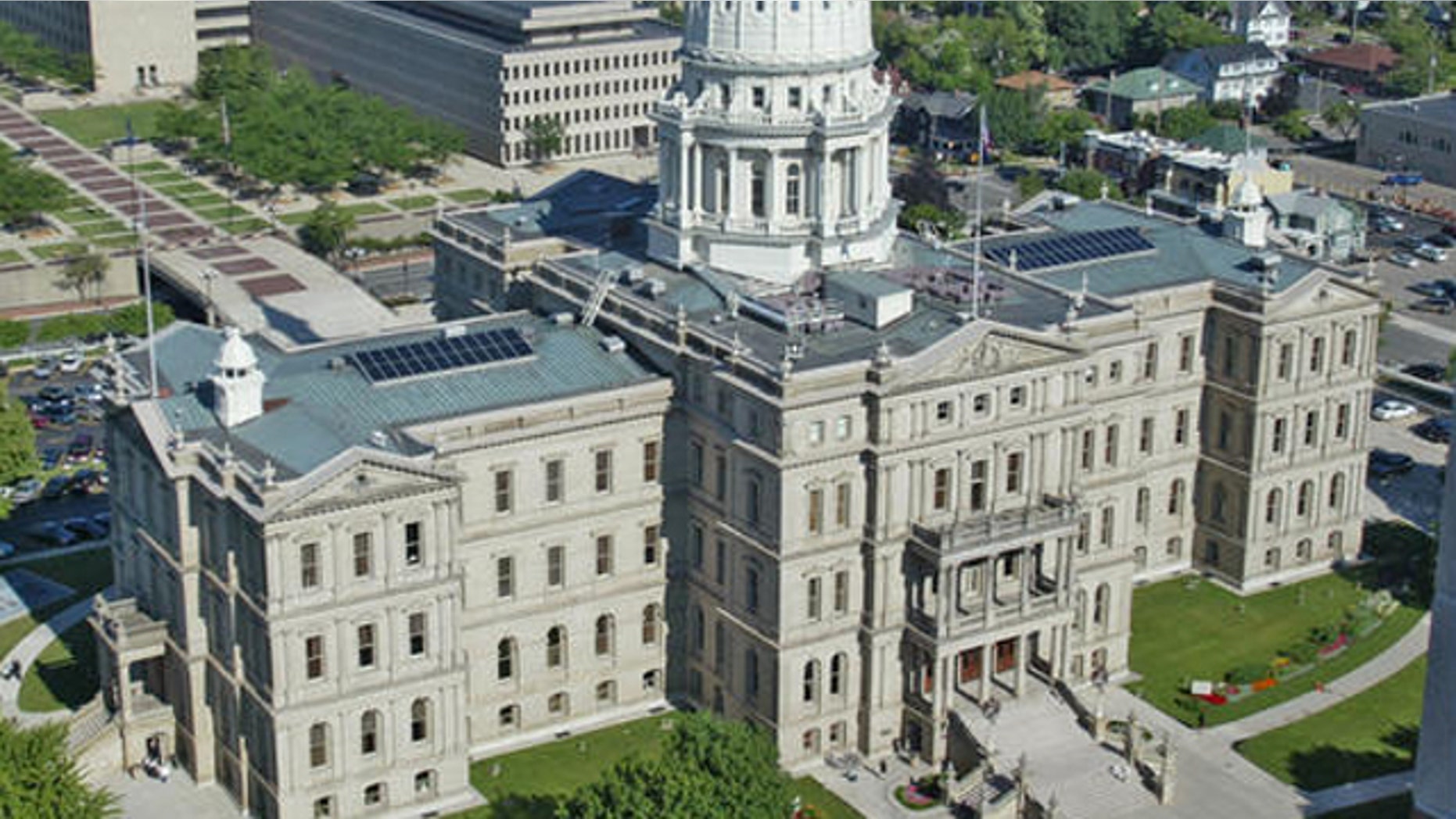 The Michigan Capitol building is seen from the Boji Tower in Lansing, Mich.