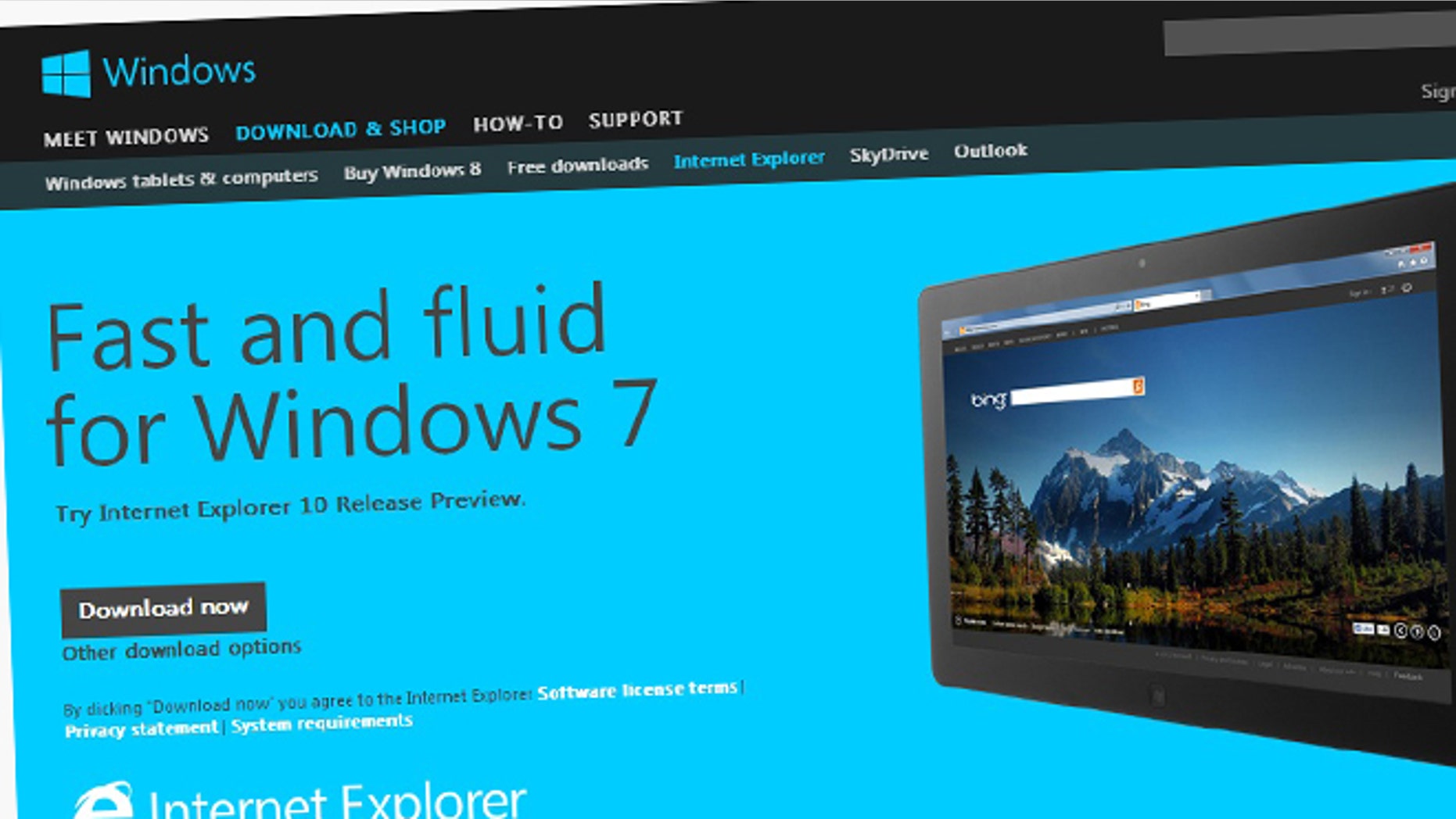Nov. 13, 2012: A screenshot of Microsoft's website advertises Internet Explorer 10 for Windows 7, a new release of the browser enhanced to accomodate touch-screen computers and devices.