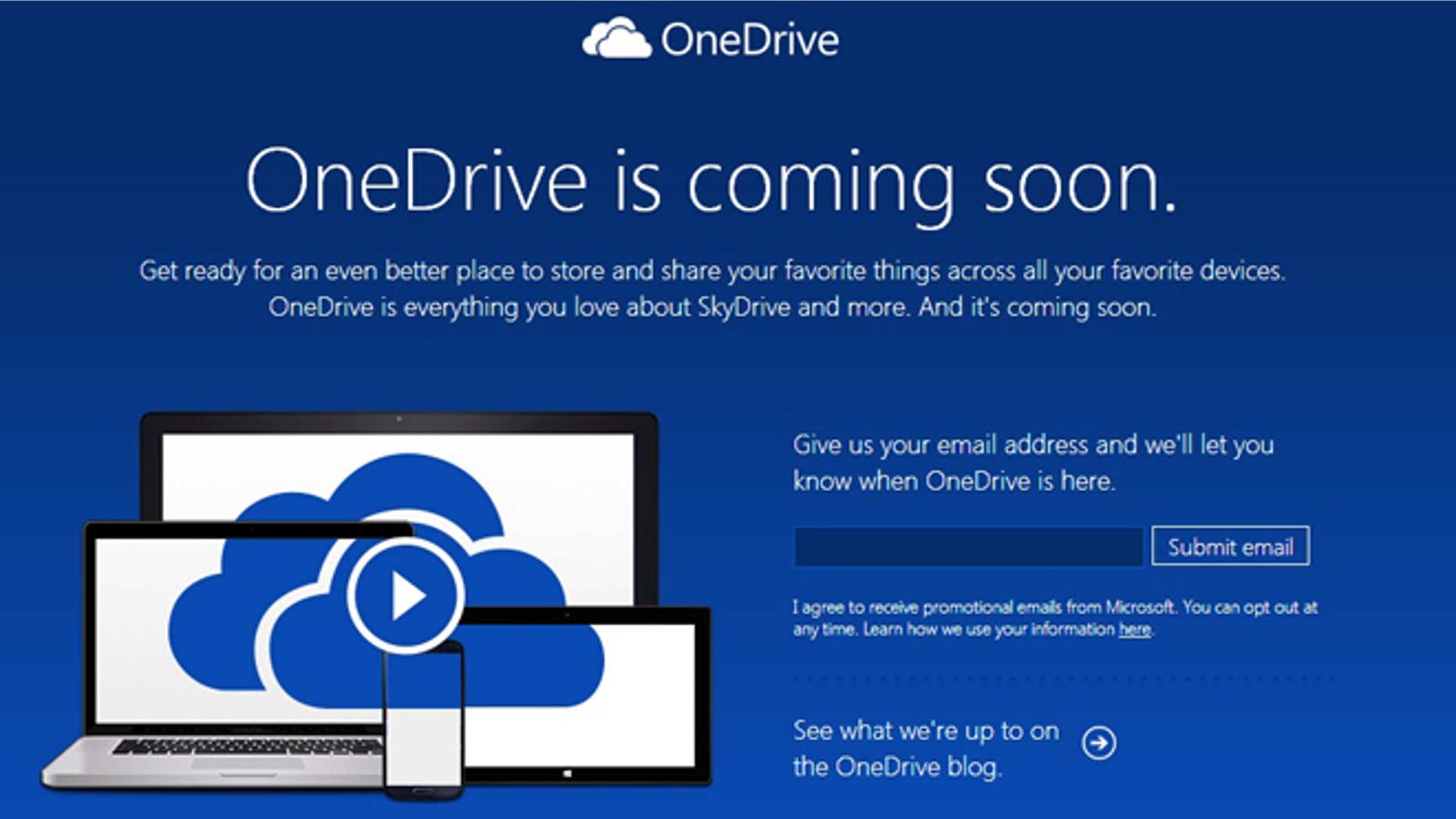 Jan. 28, 2014: A screenshot of the website fror Microsoft OneDrive, the new name for the company's SkyDrive service.