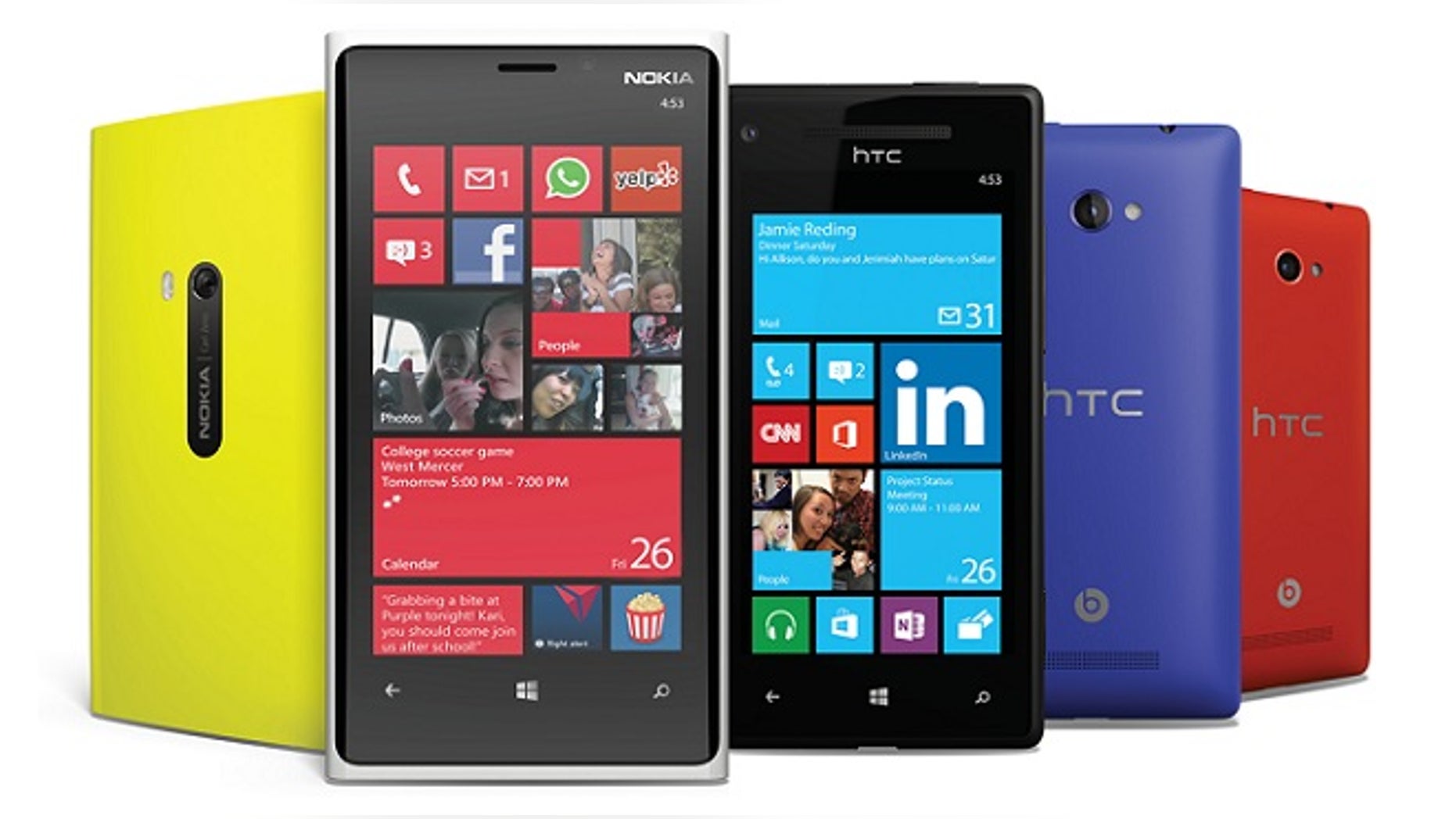 A collection of phones from different manufacturers running the newly released Windows Phone 8 softtware.
