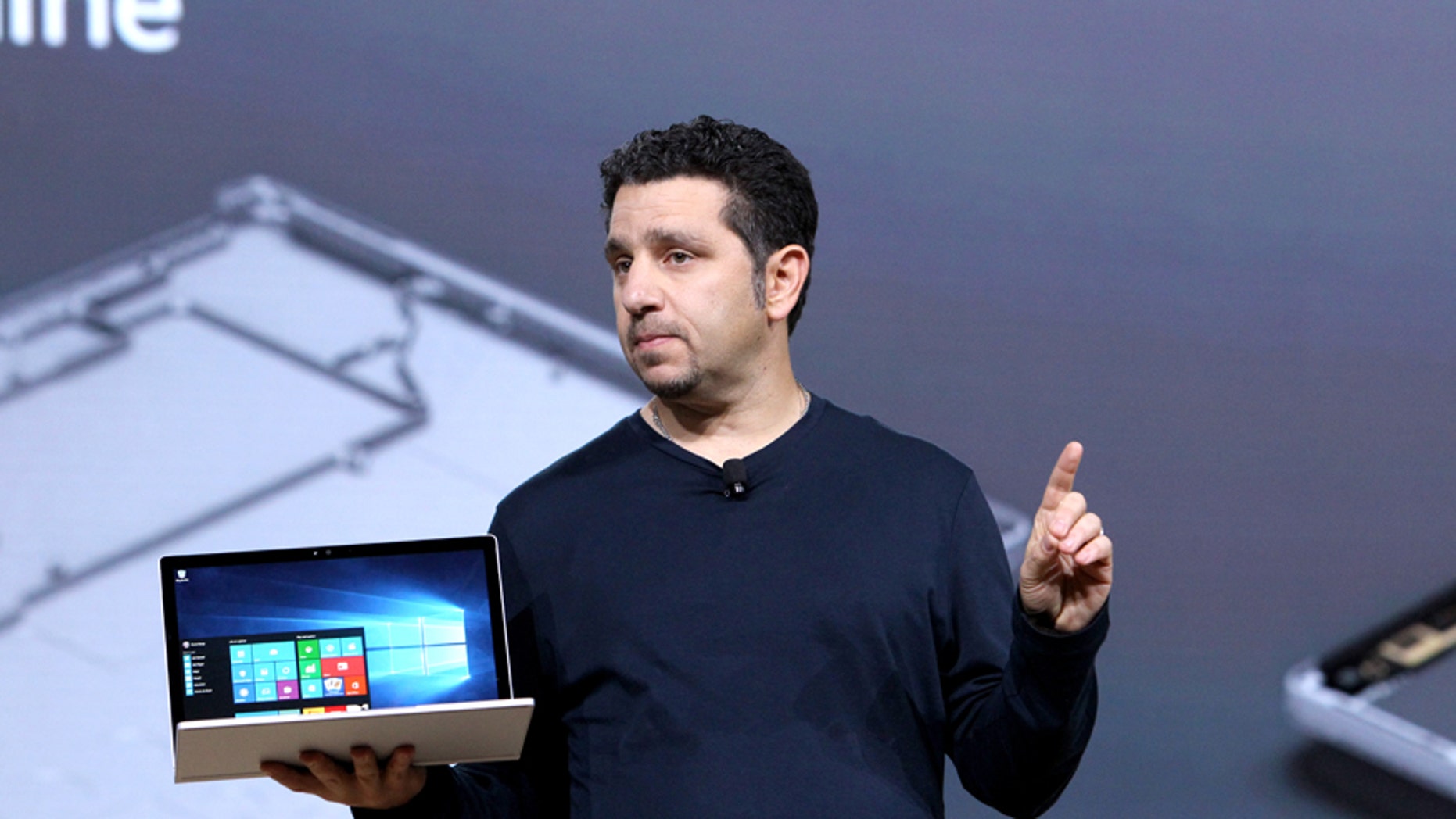 VP of Microsoft Surface Panos Panay speaks on stage at Windows 10 Devices Event, on Tuesday, Oct. 6, 2015 in New York City. (Mark Von Holden/AP Images for Windows)