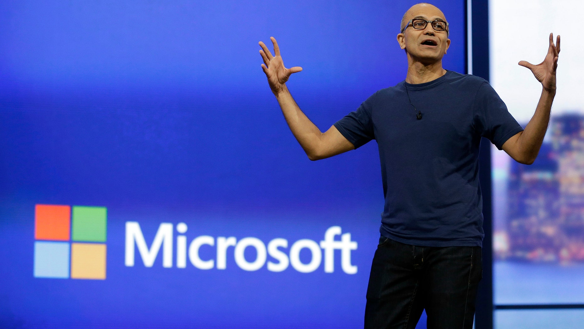 In this April 2, 2014 file photo, Microsoft CEO Satya Nadella gestures during the keynote address of the Build Conference in San Francisco.