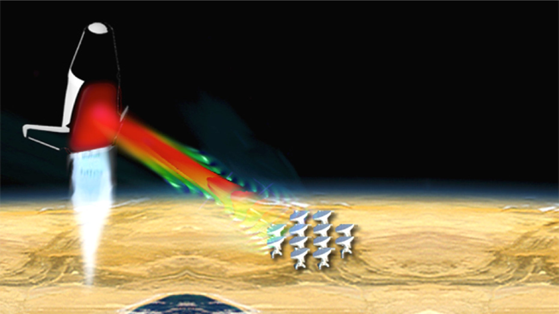 A conceptual microwave-propelled lightcraft receives microwave beams from an array of microwave sources on the ground.