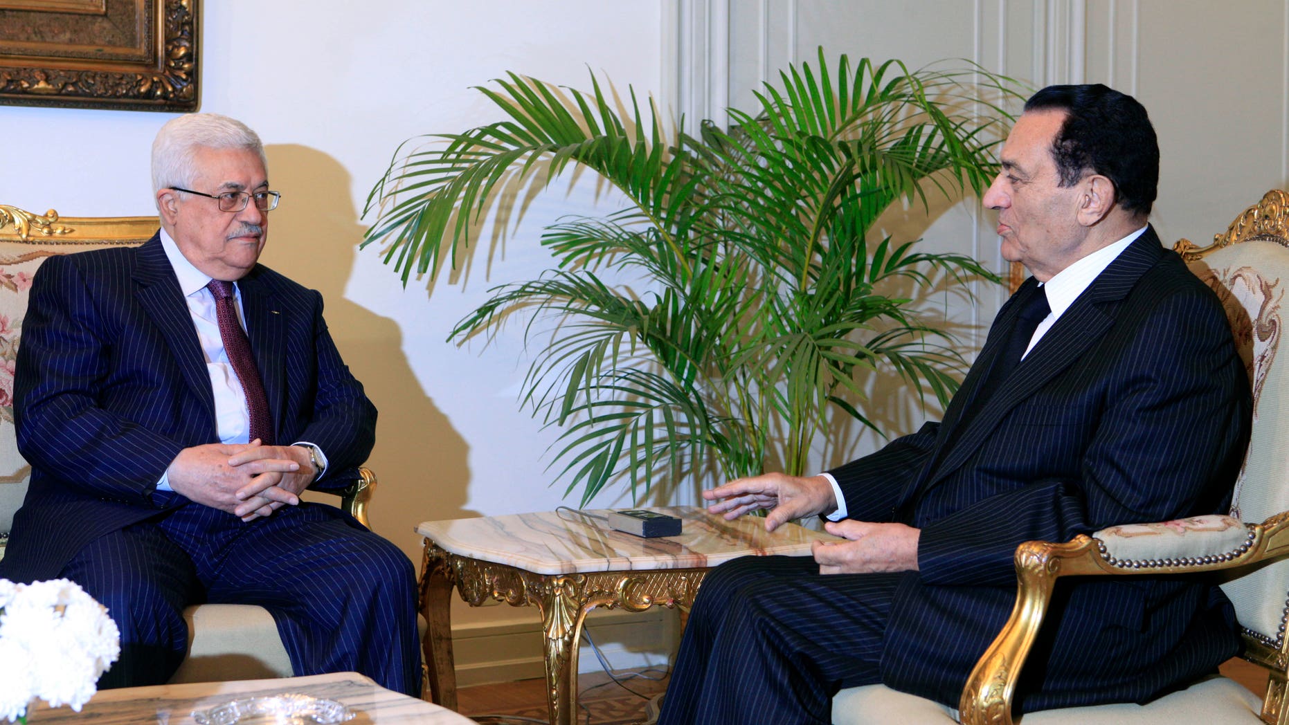 Dec. 9: Egyptian president Hosni Mubarak, right, meets with Palestinian authority president Mahmoud Abbas at the Presidential palace in Cairo, Egypt. Talks come within the framework of efforts aimed at reviving the Middle East peace process.