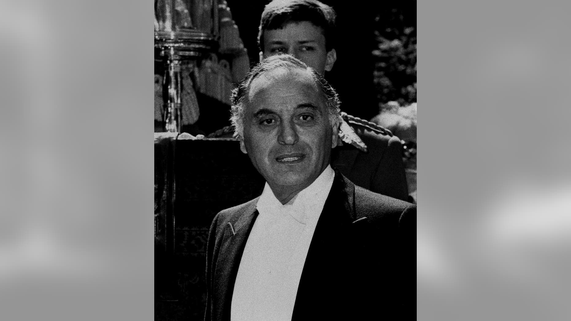 FILE - This Aug. 3, 1983 file photo shows Israeli Ambassador Yehuda Avner in London. Avner, a former Israeli diplomat and aide to a string of prime ministers who turned his insider stories about the country's leaders into a best-selling memoir, has died. Avner, who was 86, died Tuesday after a battle with cancer, his family said. (AP Photo, File)