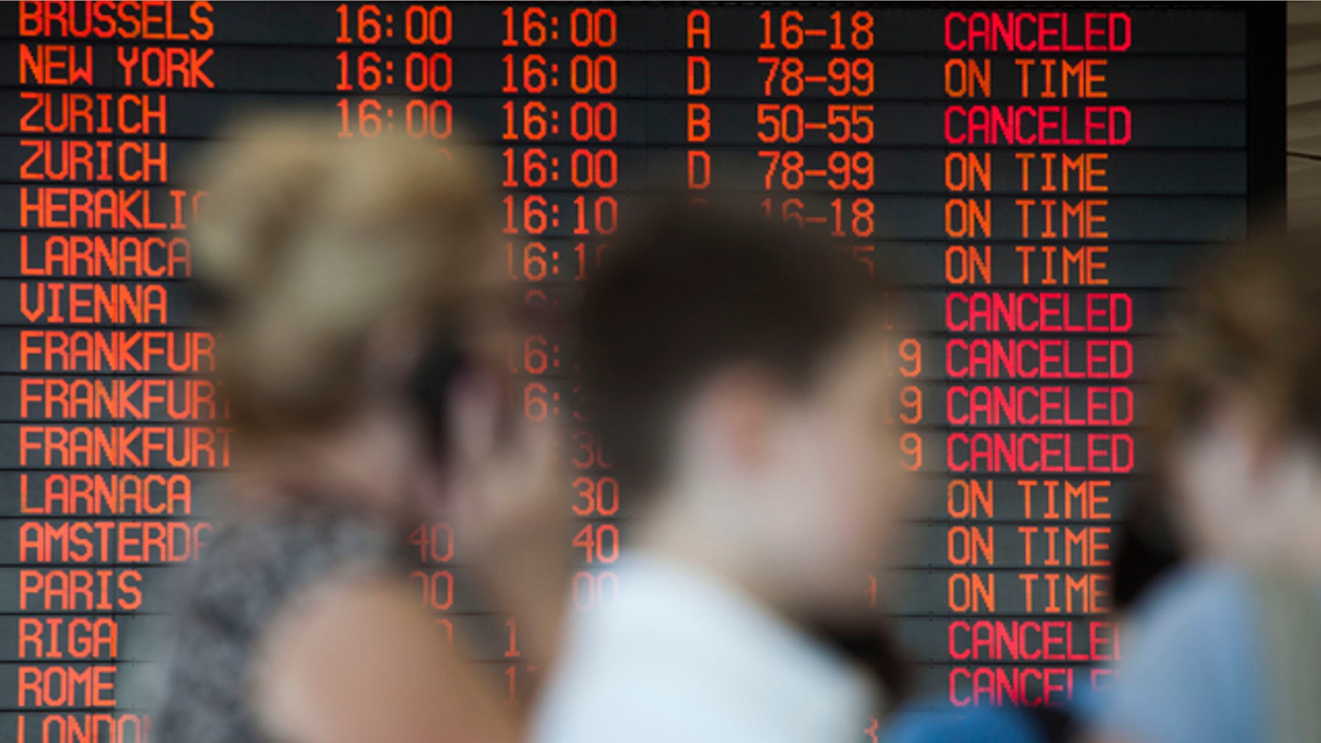 July 23, 2014: A departure flight board displays various canceled and delayed flights in Ben Gurion International Airport in Tel Aviv a day after the U.S. Federal Aviation Administration imposed a 24-hour restriction on flights after a Hamas rocket landed Tuesday within a mile of the airport. (AP Photo/Dan Balilty)