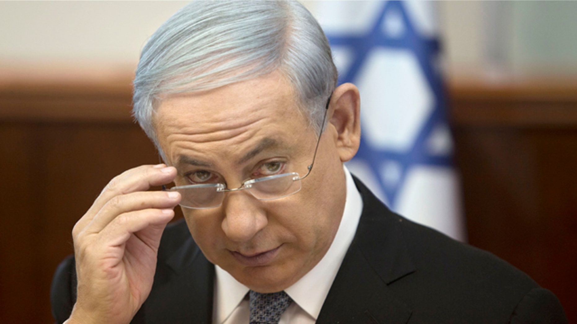 May 10, 2015: Israeli Prime Minister Benjamin Netanyahu attends the weekly cabinet meeting in his Jerusalem office. (AP Photo/Sebastian Scheiner, Pool)