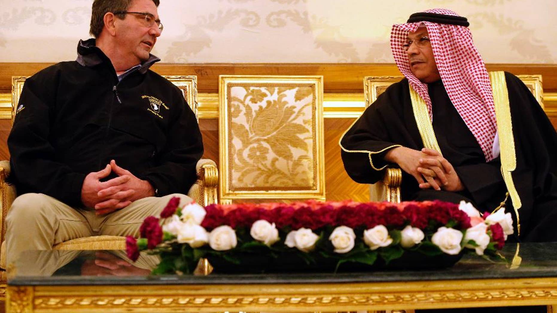 U.S. Defense Secretary Ash Carter, left, meets with Kuwait's Defense Minister Sheikh Khaled Al Jarrah Al Sabah, at Kuwait City International Airport, Kuwait, Sunday, Feb. 22, 2015. Carter is on his first overseas trip since starting the Pentagon job last Tuesday. (AP Photo/Jonathan Ernst, Pool)
