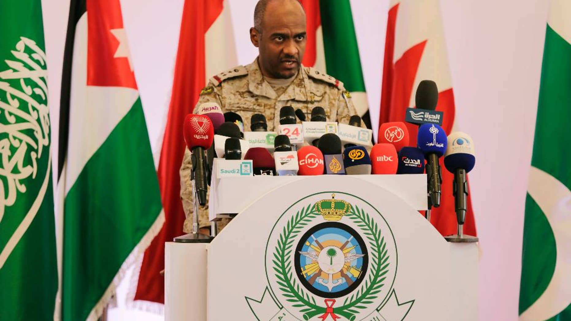 April 14, 2015: Saudi military spokesman Ahmed Asiri briefs journalists on the Saudi-led coalition's strikes on Houthi rebels in Yemen, during a press conference, in Riyadh, Saudi Arabia.