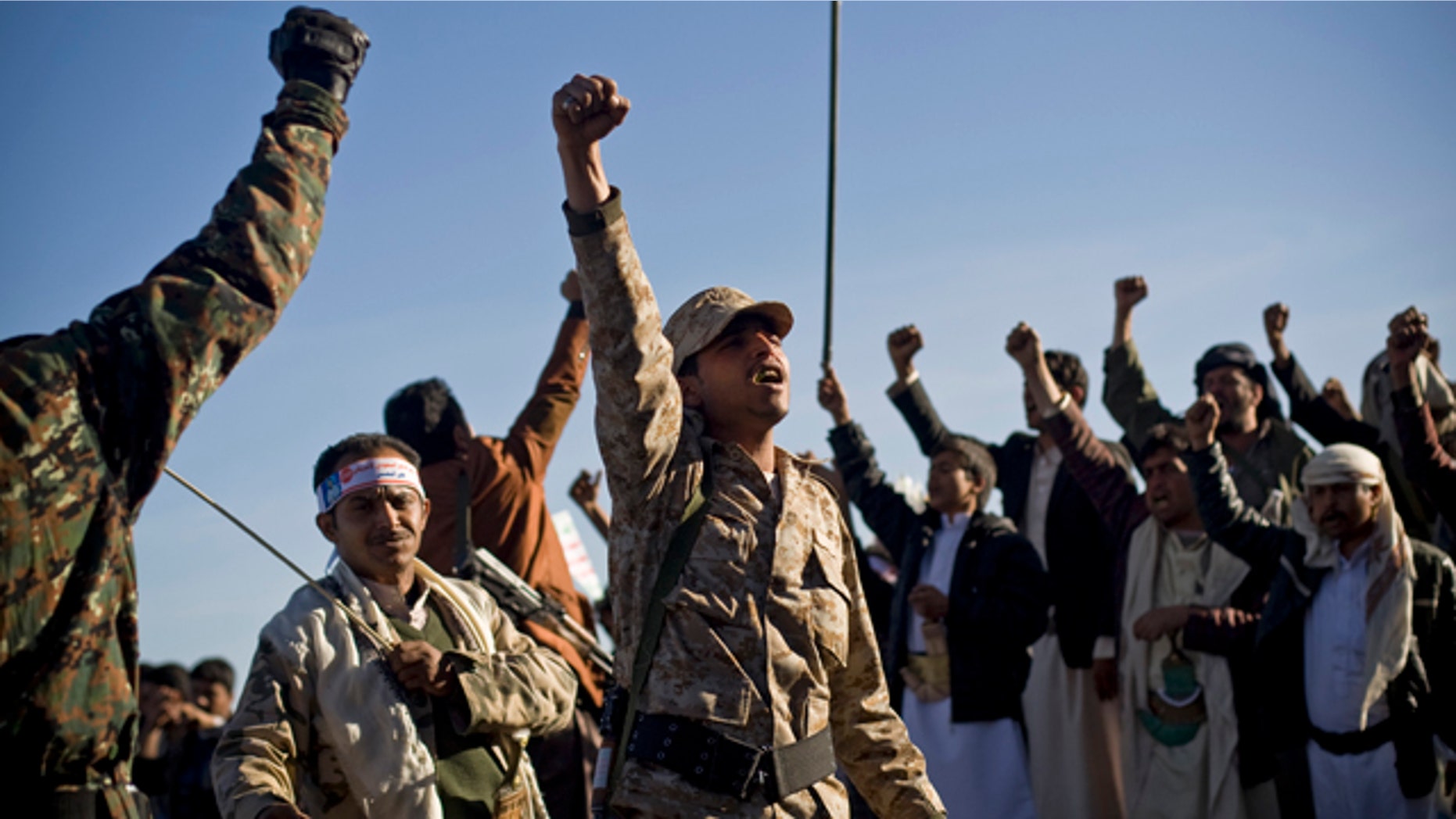 Jan. 28, 2015: Houthi Shiite Yemenis chant slogans during a rally to show support for their comrades in Sanaa. (AP Photo/Hani Mohammed)