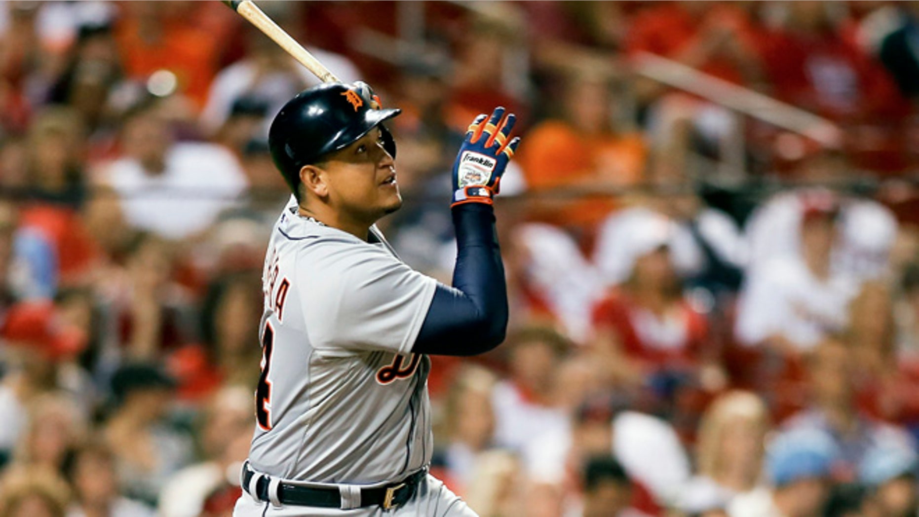 Detroit Tigers' Miguel Cabrera follows through on his two run home run during the seventh inning of a baseball game against the St. Louis Cardinals Friday, May 15, 2015, in St. Louis. (AP Photo/Scott Kane)