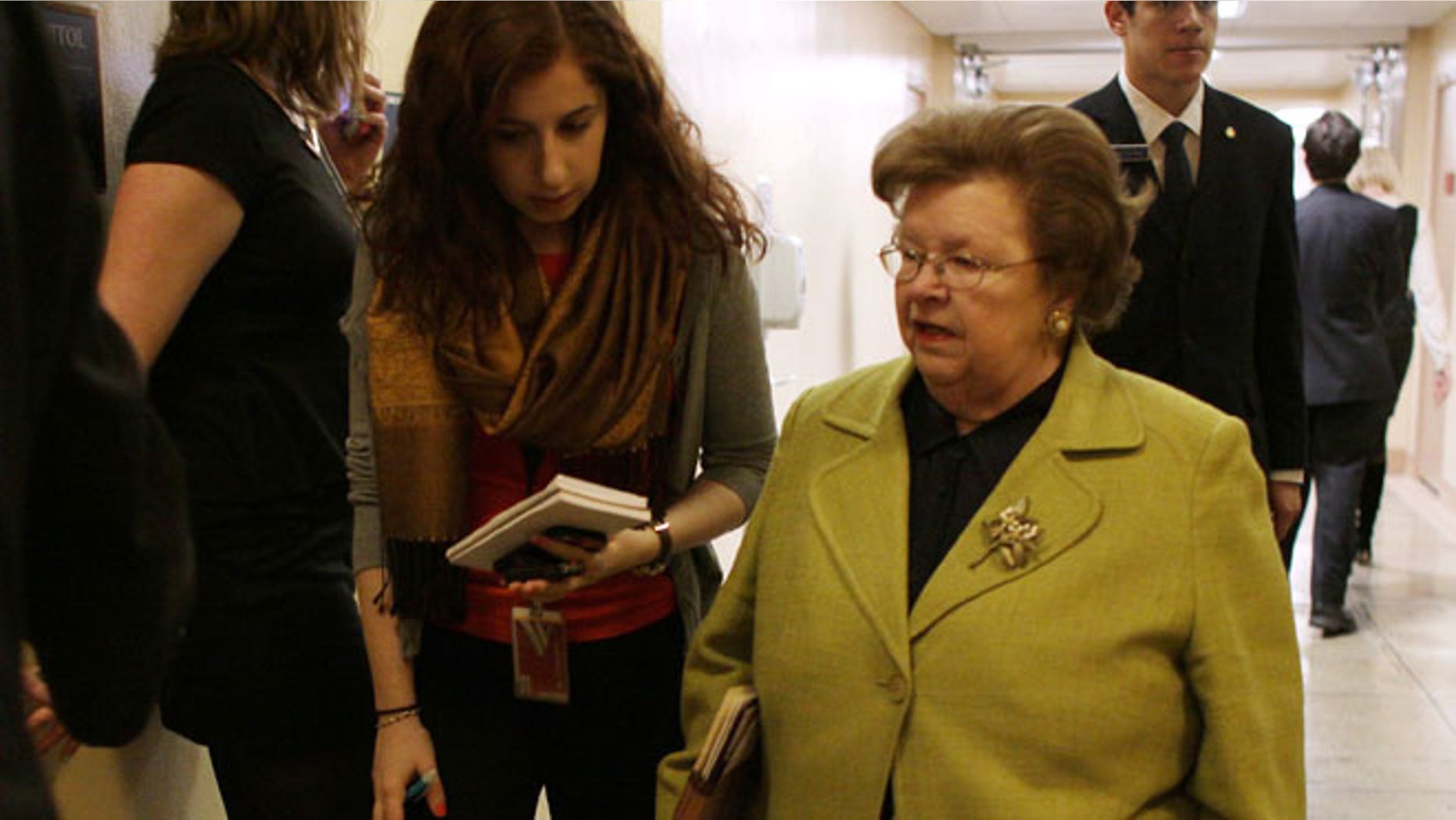 FILE: February 25, 2015: Sen. Barbara Mikulski, D-Md., talks with a reporter on Capitol Hill, Washington, D.C.