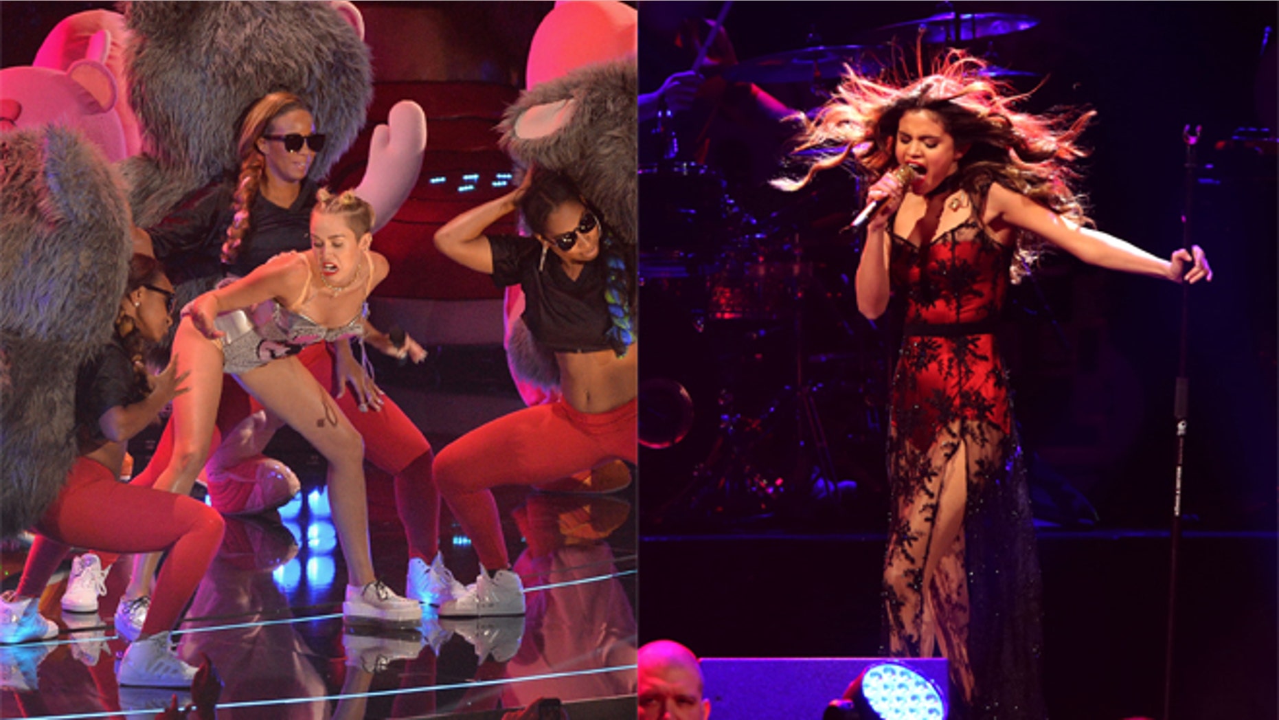 Miley Cyrus (left) during her VMA performance. Selena Gomez (right) performing at the iHeart Radio concert.