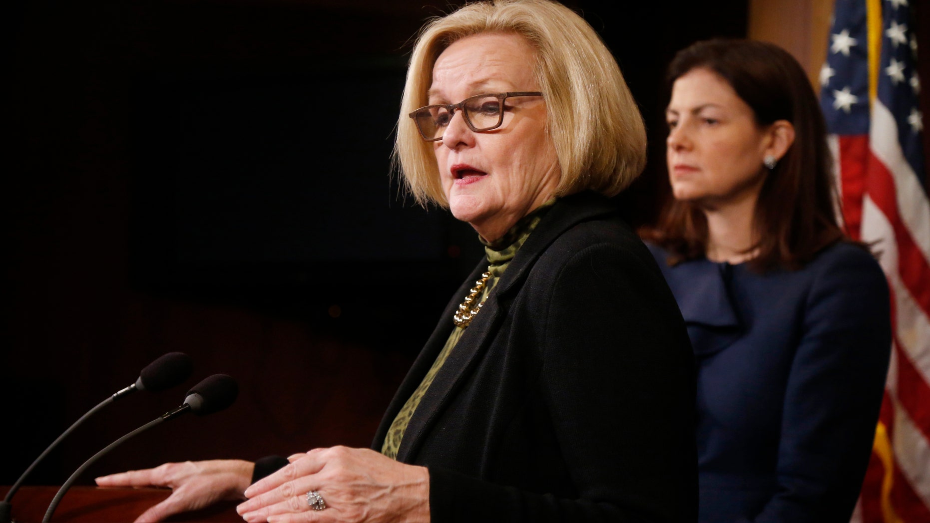 March 6, 2014: Sen. Claire McCaskill, D-Mo., left, and Sen. Kelly Ayotte, R-N.H. at a news conference on Capitol Hill in Washington.