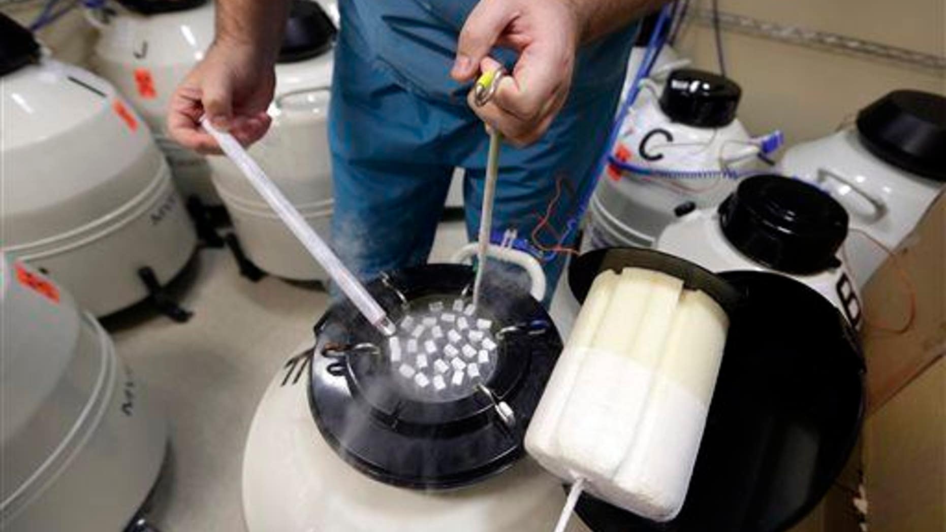 An embryologist handles frozen sperm. The Pentagon is starting a pilot program that would pay for soldiers to freeze their eggs and sperm in order to put off starting a family and continue serving their country.