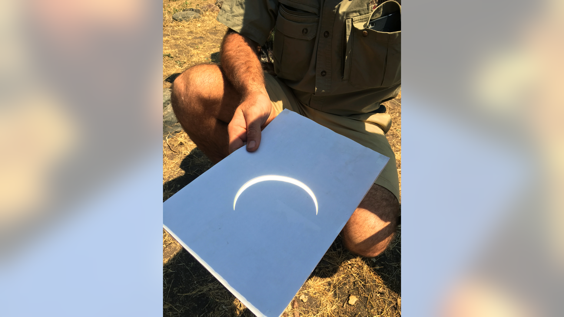 An image of the sun during an eclipse can be safely projected down onto a piece of paper using a pair of binoculars or a telescope (as in this image).