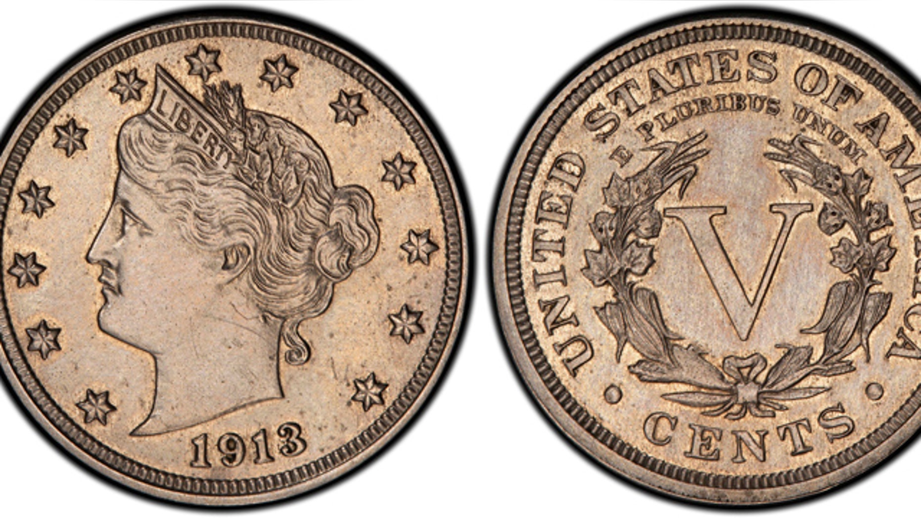 This image provided by Heritage Auctions shows an authentic 1913 Liberty Head nickel that was hidden in a Virginia closet for 41 years after its owners were mistakenly told it was a fake.