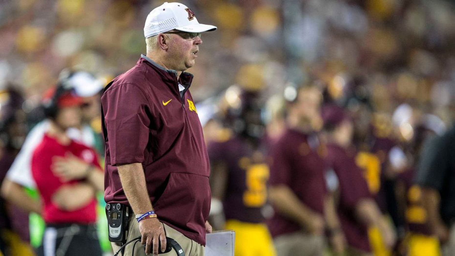 Sep 3, 2015; Minneapolis, MN, USA; Minnesota Golden Gophers head coach Jerry Kill looks on during the second half against the TCU Horned Frogs at TCF Bank Stadium. The TCU Horned Frogs won 23-17. Mandatory Credit: Jesse Johnson-USA TODAY Sports
