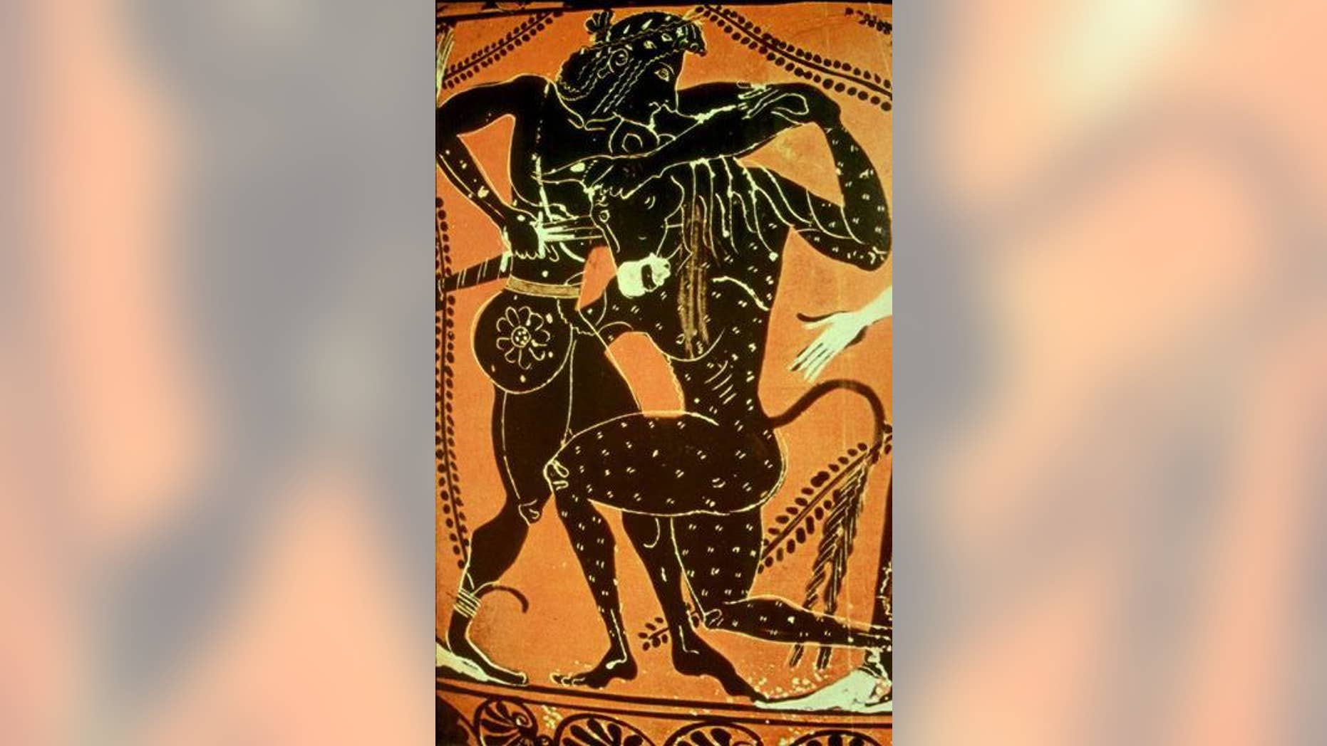 The Greek hero Theseus slays the minotaur in this 6th-century depiction on pottery.