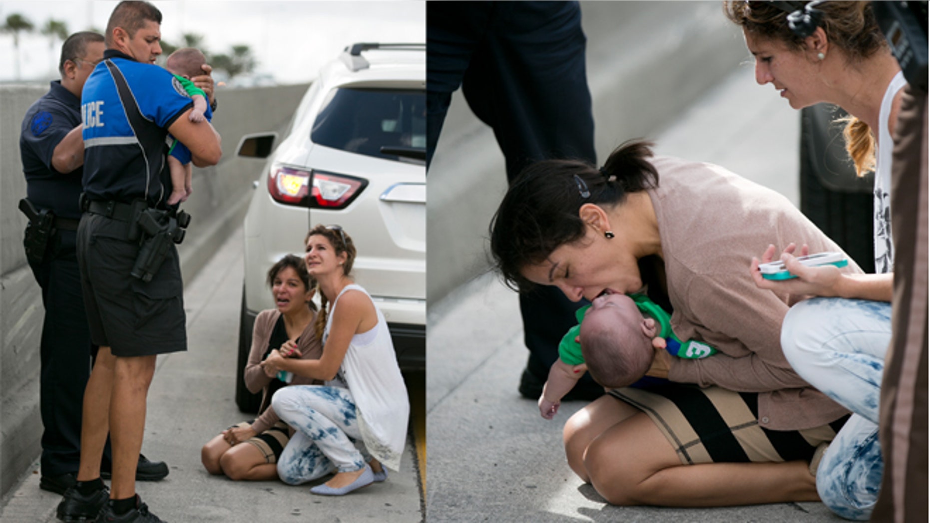 Pamela Rauseo, 37, performs CPR on her nephew, five-month-old Sebastian de la Cruz, after pulling her SUV over on the side of the road along the west bound lane on Florida state road 836 just east of 57th Avenue around 2:30pm on Thursday, Feb. 20, 2014. At right is Lucila Godoy who stopped her car to assist in the rescue. The baby was rushed to Jackson Memorial Hospital, where he is reportedly doing ok. (AP Photo/The Miami Herald, Al Diaz)