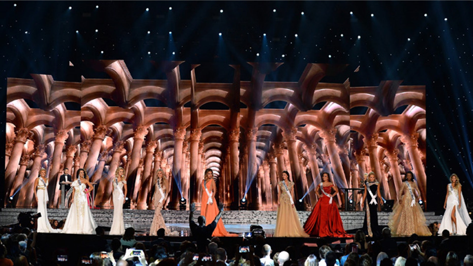 LAS VEGAS, NV - JUNE 01: Contestants compete in the evening gown competition during the 2016 Miss USA pageant preliminary competition at T-Mobile Arena on June 1, 2016 in Las Vegas, Nevada. The 2016 Miss USA will be crowned on June 5 in Las Vegas. (Photo by Ethan Miller/Getty Images)