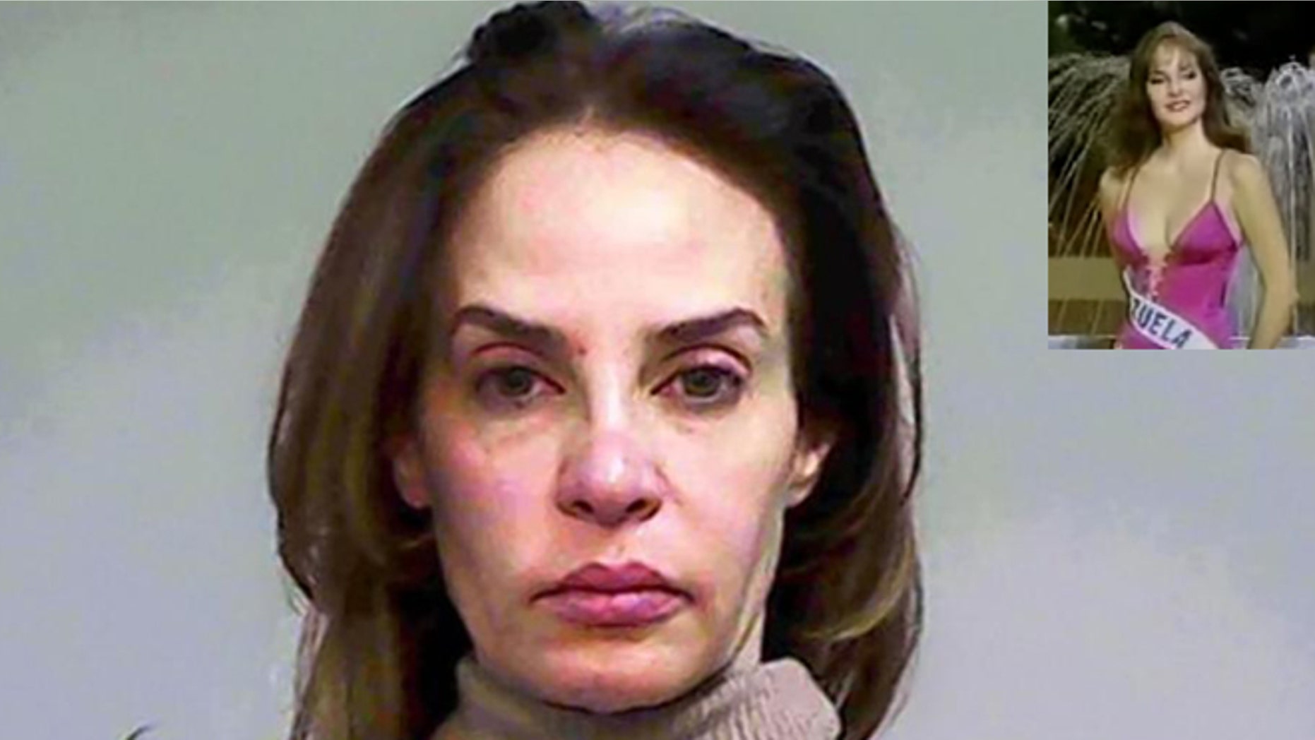 Carmen Lechin in a 2011 mug shot from a different incident. Inset: In happier times, Carmen Maria Montiel competing at the 1984 Miss Universe pageant in Miami.