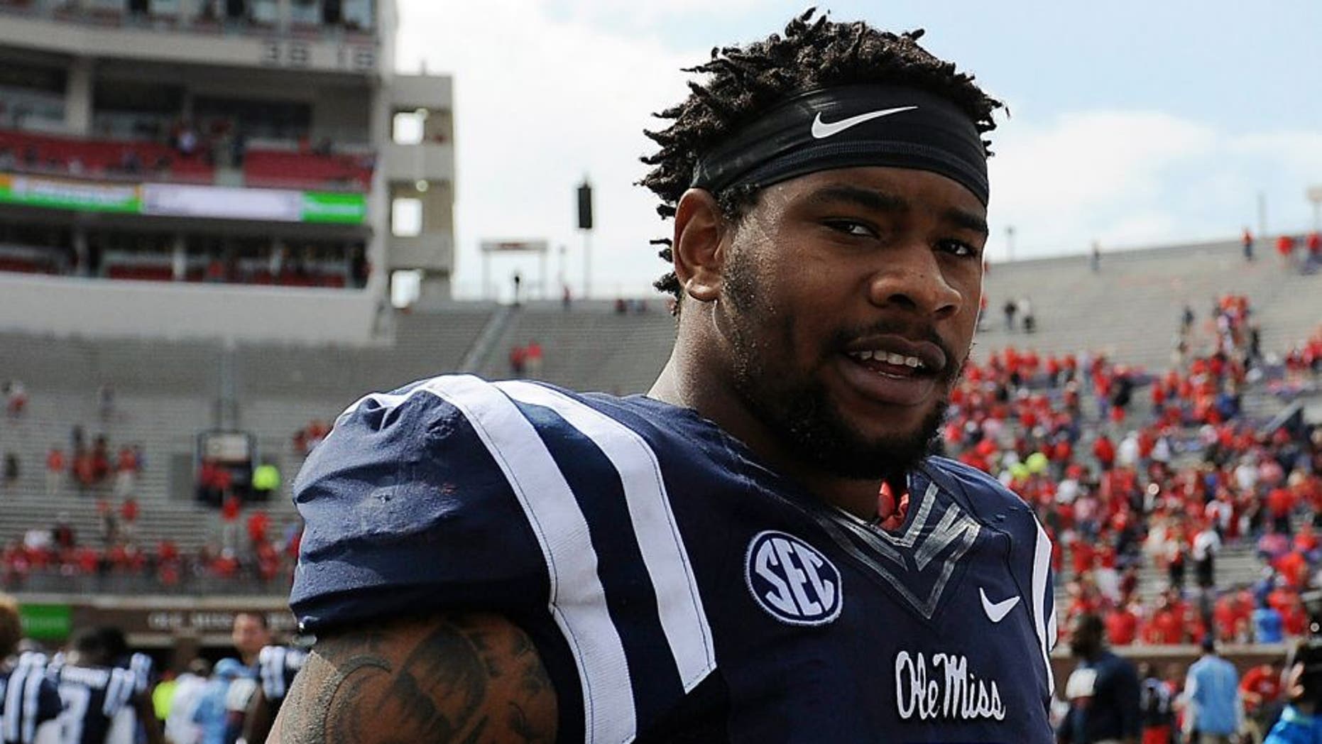 Oct 10, 2015; Oxford, MS, USA; Mississippi Rebels defensive tackle Robert Nkemdiche (5) after the game against the New Mexico State Aggies at Vaught-Hemingway Stadium. Mississippi Rebels beats New Mexico State Aggies 52-3. Mandatory Credit: Justin Ford-USA TODAY Sports
