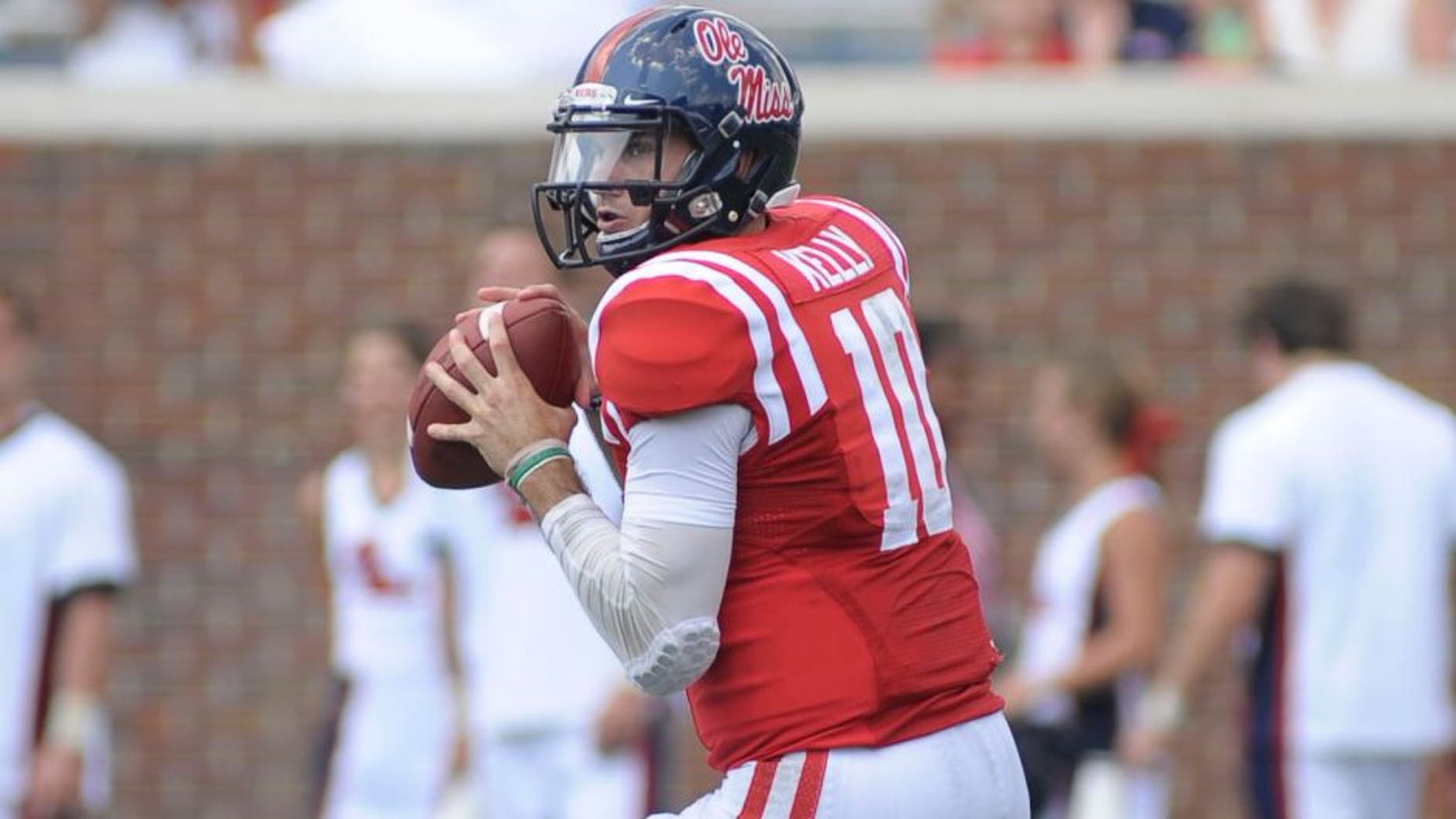 Sep 5, 2015; Oxford, MS, USA; Mississippi Rebels quarterback Chad Kelly (10) looks to pass the ball during the game against the Tennessee Martin Skyhawks at Vaught-Hemingway Stadium. The Rebels won 76 - 3.Mandatory Credit: Justin Ford-USA TODAY Sports