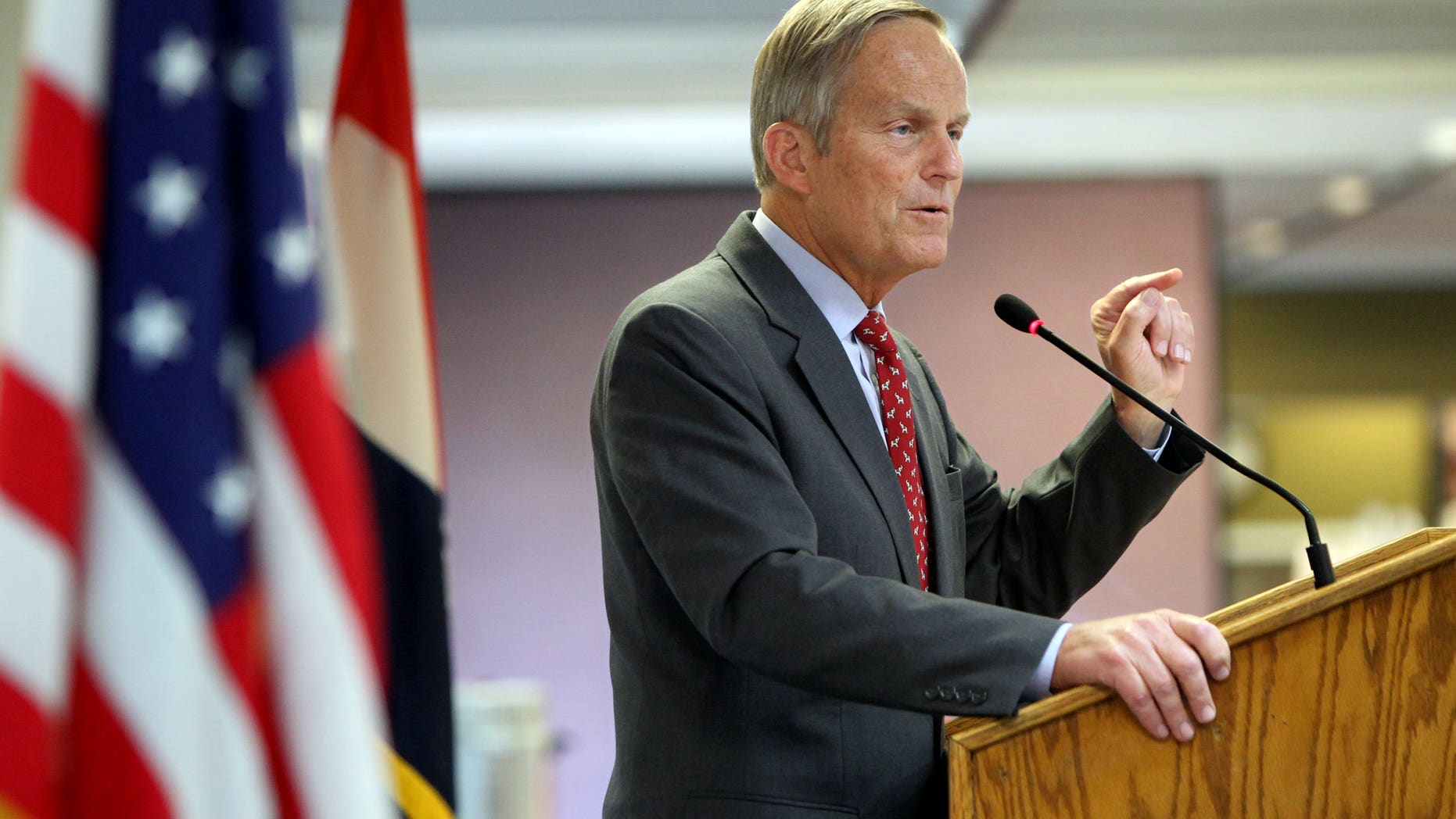 Aug. 10, 2012: File photo - Todd Akin, Republican, candidate for U.S. Senator from Missouri, speaks at the Missouri Farm Bureau candidate interview and endorsement meeting in Jefferson City, Mo.