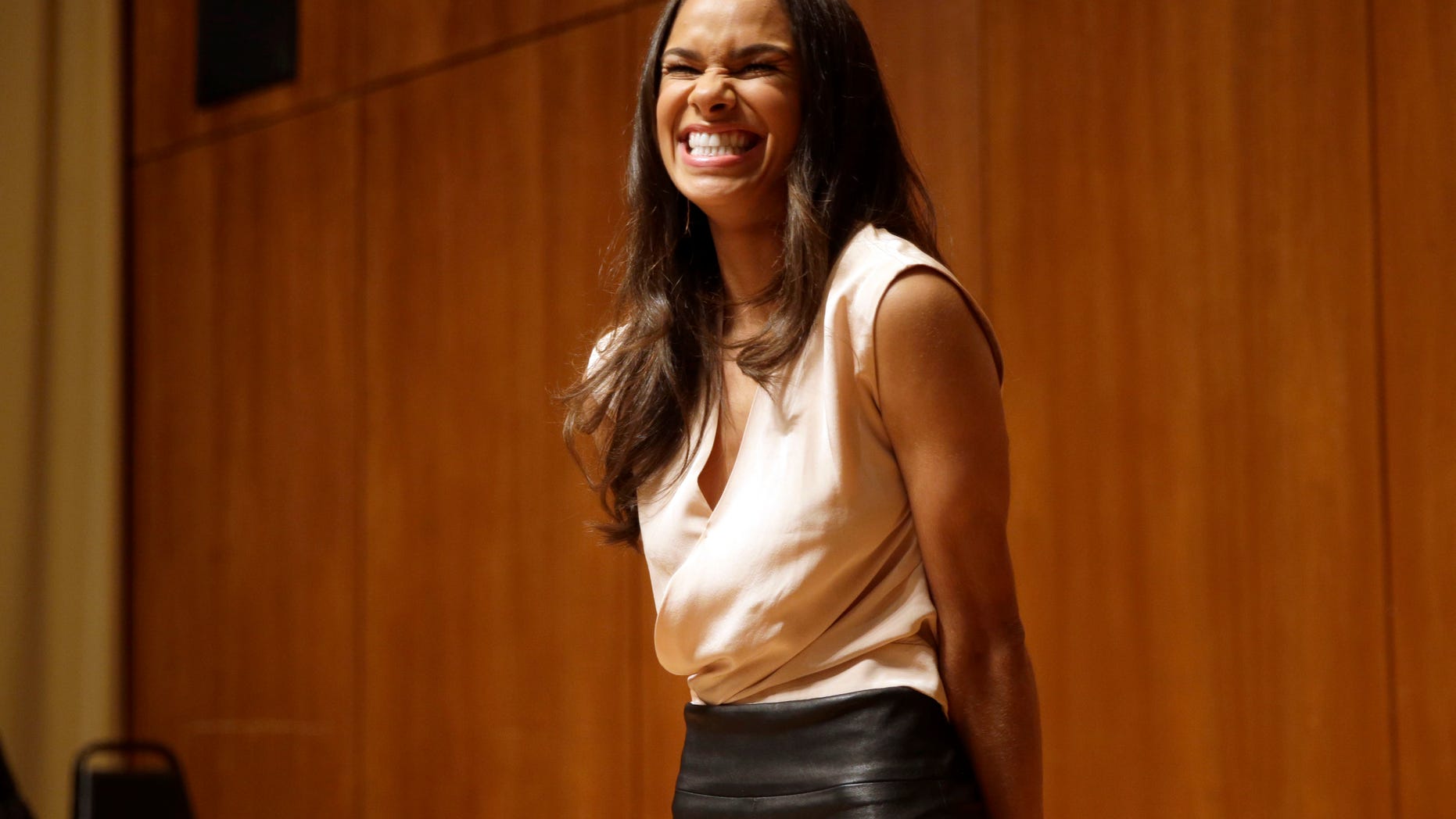 Misty Copeland speaks during a news conference, Tuesday, June 30, 2015, in New York. The Missouri-born dancer who has become a forceful voice for diversity in ballet and a rare celebrity in that field, was named principal dancer at American Ballet Theatre on Tuesday the first African-American ballerina to achieve that status in the company's 75-year history. (AP Photo/Mary Altaffer)