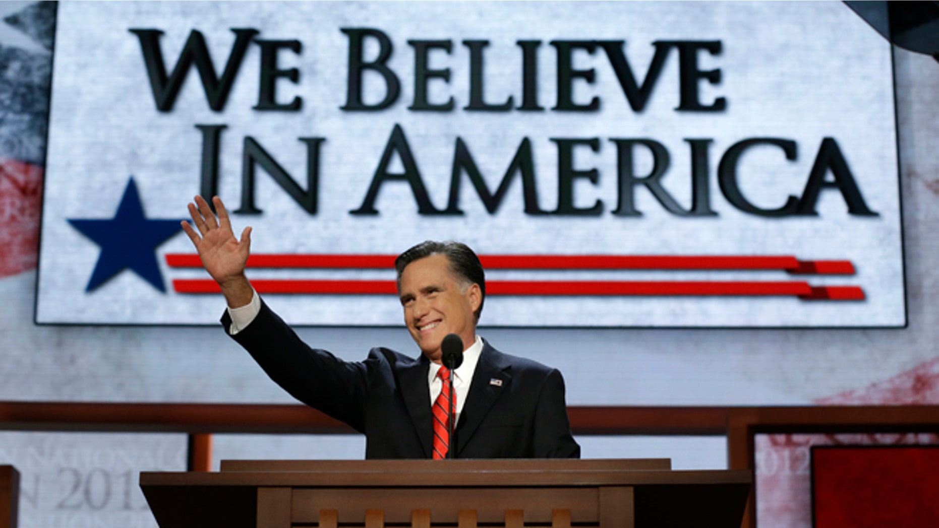 Aug. 30, 2012: Republican presidential nominee Mitt Romney acknowledges delegates before speaking at the Republican National Convention in Tampa, Fla.