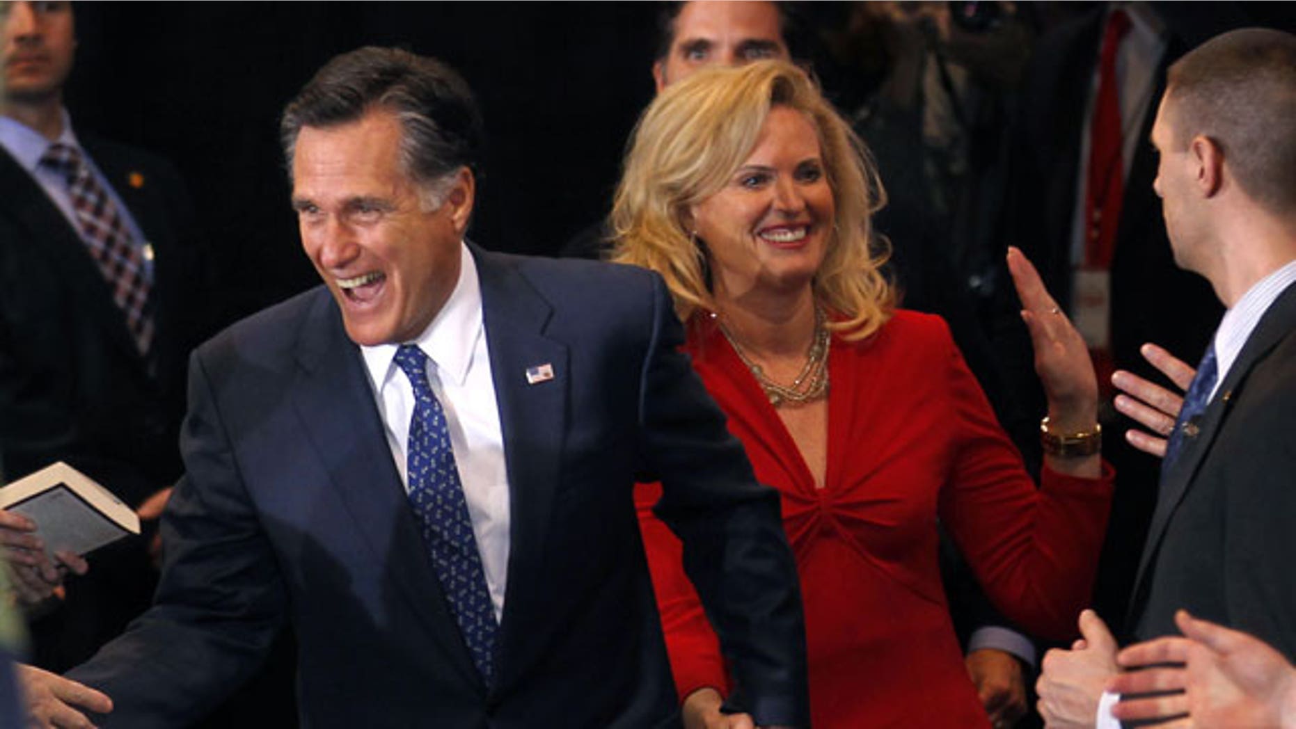 Feb. 28, 2012: Republican presidential candidate, former Massachusetts Gov. Mitt Romney, arrives with his wife Ann at his election watch party after winning the Michigan primary in Novi, Michigan.