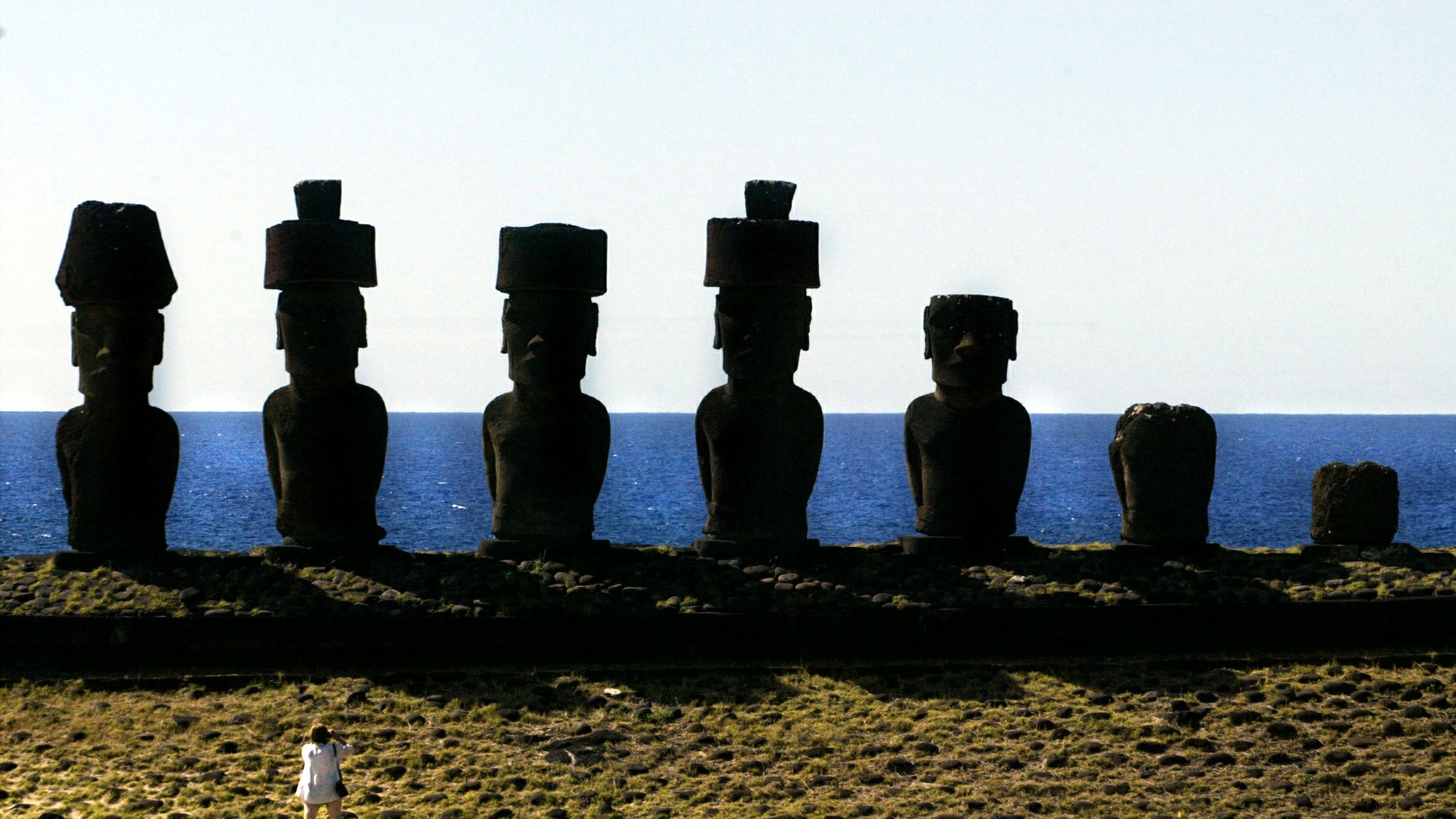A view of "Moai" statues in the Anakena beach on Easter Island, 2,486 miles west of Santiago, in this photo taken October 29, 2003.