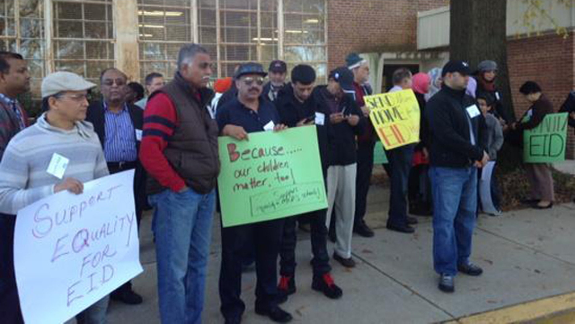 November 11, 2014: Muslims in Montgomery County, Md. gather outside a meeting of the county's school board to demand that the Muslim holiday of Eid al-Ahad receive recognition as an official religious holiday off from school. (MyFoxDC.com)
