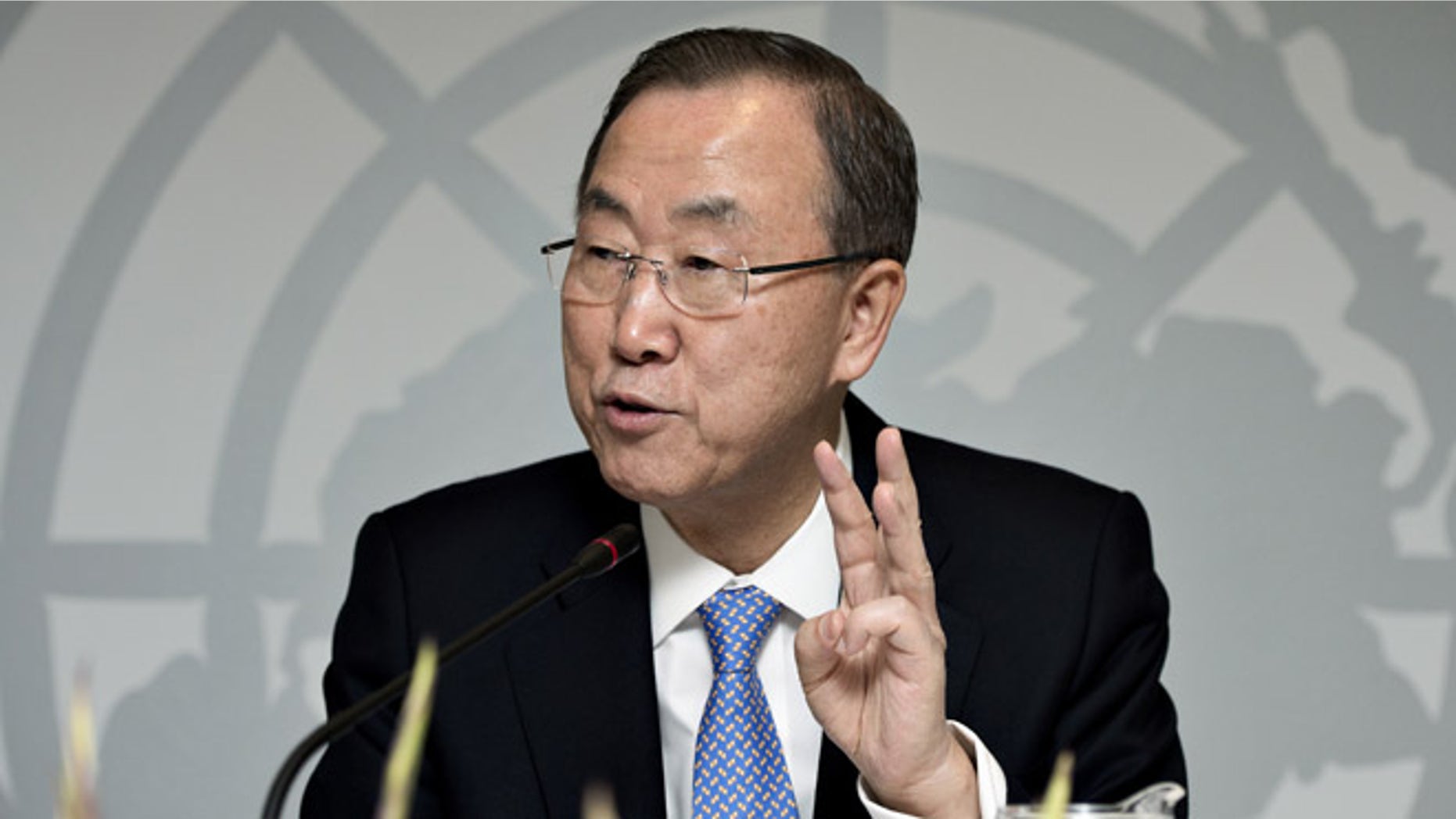Oct. 23, 2013: UN General Secretary Ban Ki-moon gestures, during a press conference in Copenhagen.