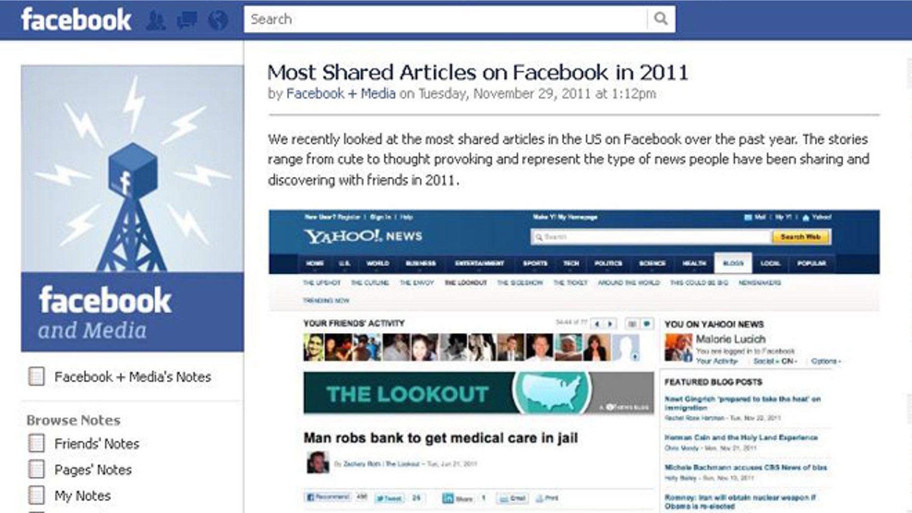 A list published on Facebook purports to reveal the most "shared" stories of 2011 -- but it remains unclear just how comprehensive that list is.