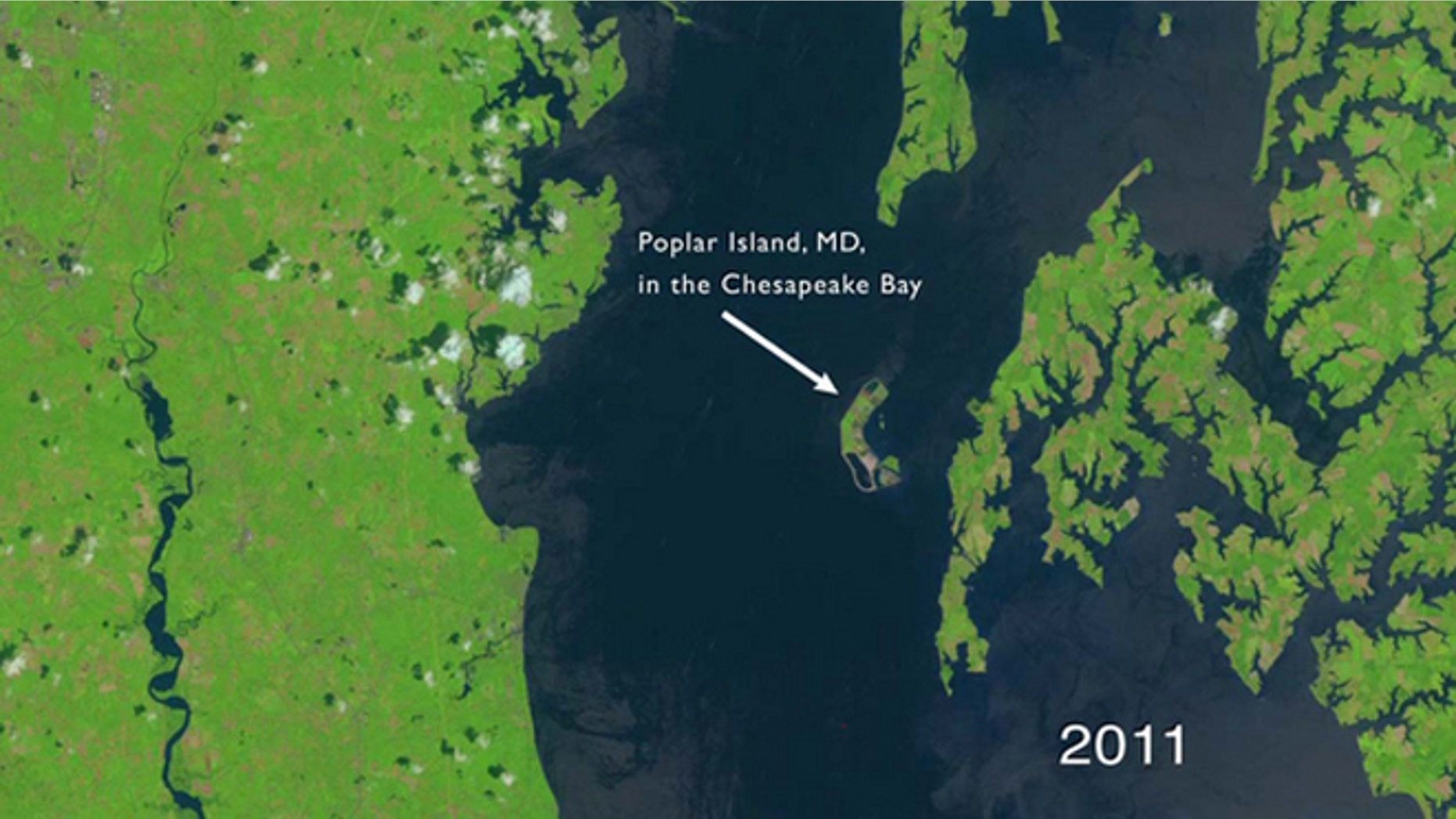 This still from a NASA video shows the view from space of Poplar Island, Md., in Chesapeake Bay off the Maryland Coast as seen by a Landsat satellite in 2011.