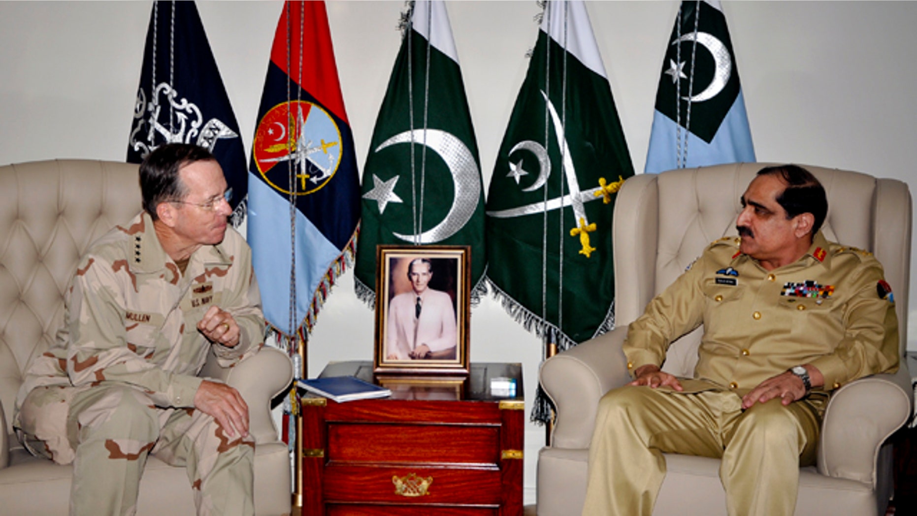 April 20: In this photo released by Inter Services Public Relations, Joint Chiefs of Staff Chairman Adm. Mike Mullen listens to Pakistan's Joint Chiefs of Staff Committee Chairman Gen. Khalid Shameem Wynne during a meeting in Rawalpindi, Pakistan.