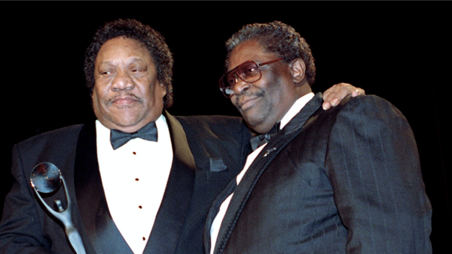 Bobby "Blue" Bland, left, receives his award for the Rock and Roll Hall of Fame from B.B. King during induction ceremonies in New York.