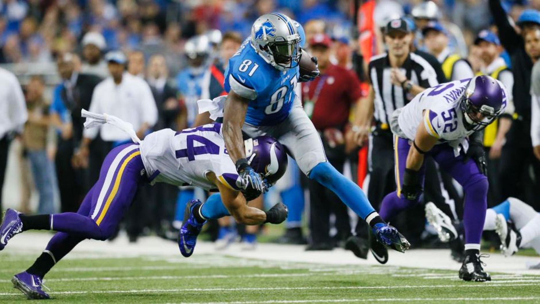 Sunday, December 14: Detroit Lions wide receiver Calvin Johnson (center) is tackled by Minnesota Vikings free safety Andrew Sendejo (left) and outside linebacker Chad Greenway during the second half.