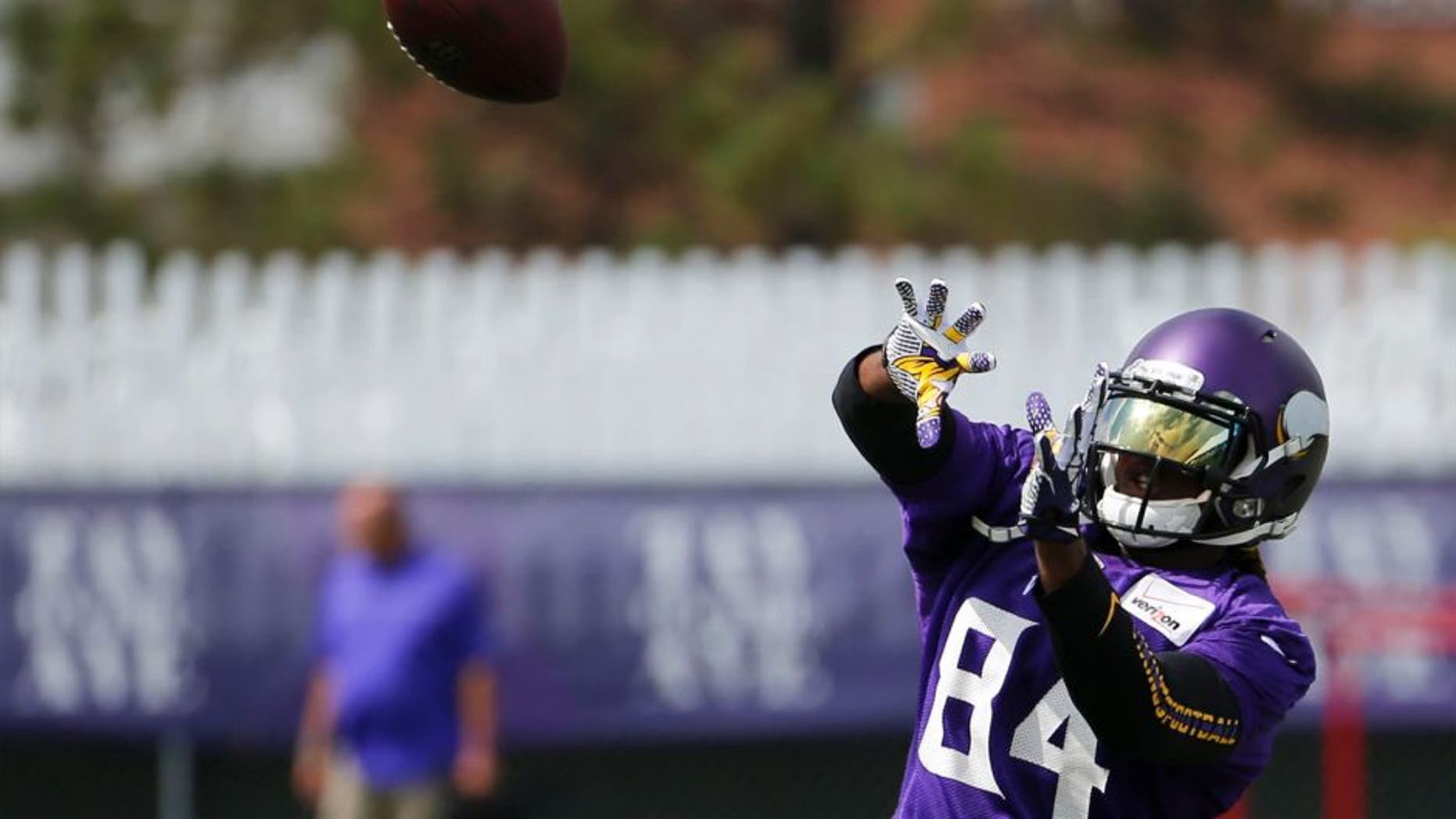 Monday, July 27: Minnesota Vikings wide receiver Cordarrelle Patterson keeps his eye on the ball during practice at training camp on the campus of Minnesota State University in Mankato, Minn.