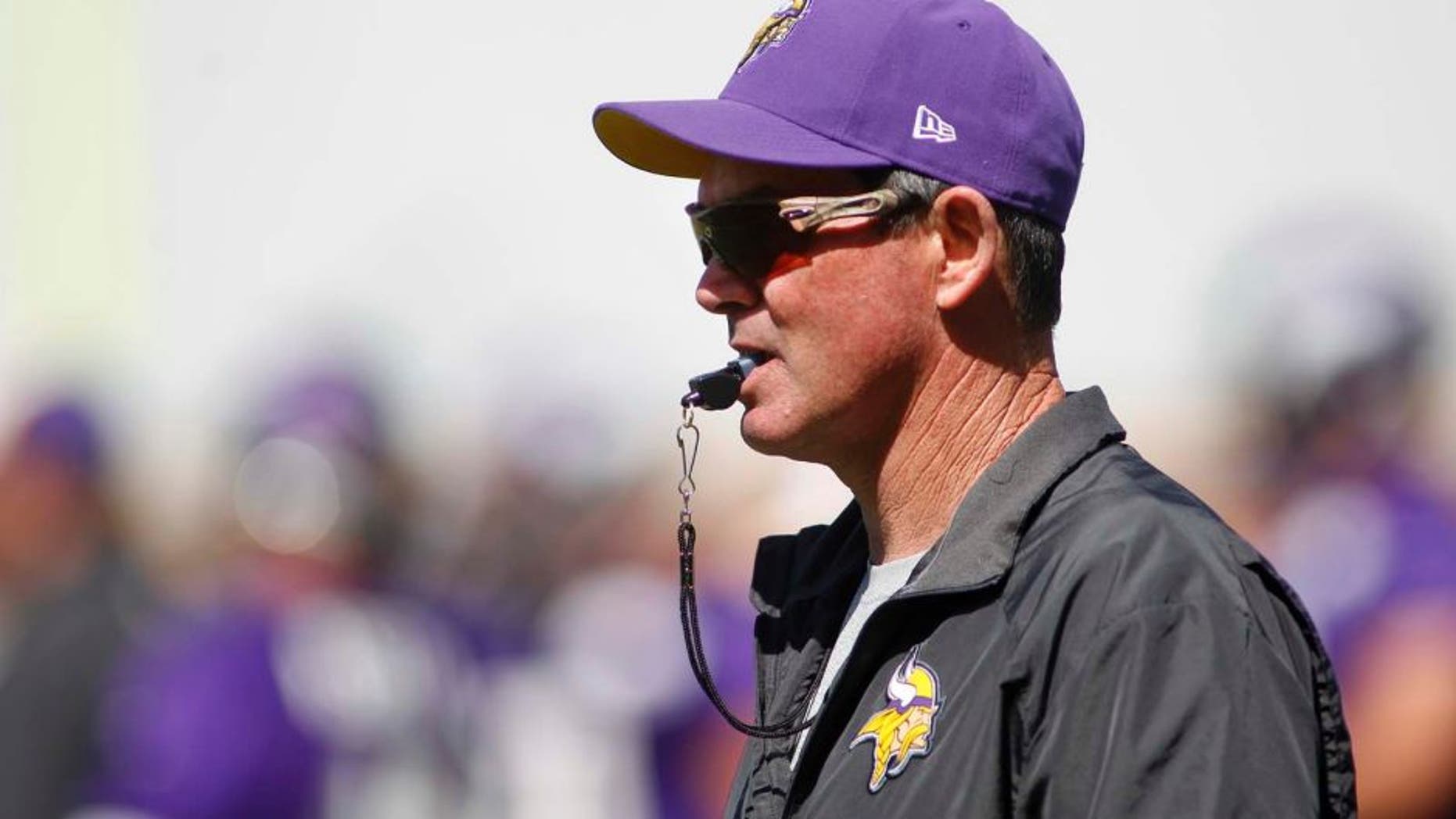 Thursday, May 29: Minnesota Vikings head coach Mike Zimmer watches at an organized team activity (OTA) at the Vikings football practice facility in Eden Prairie, Minn.