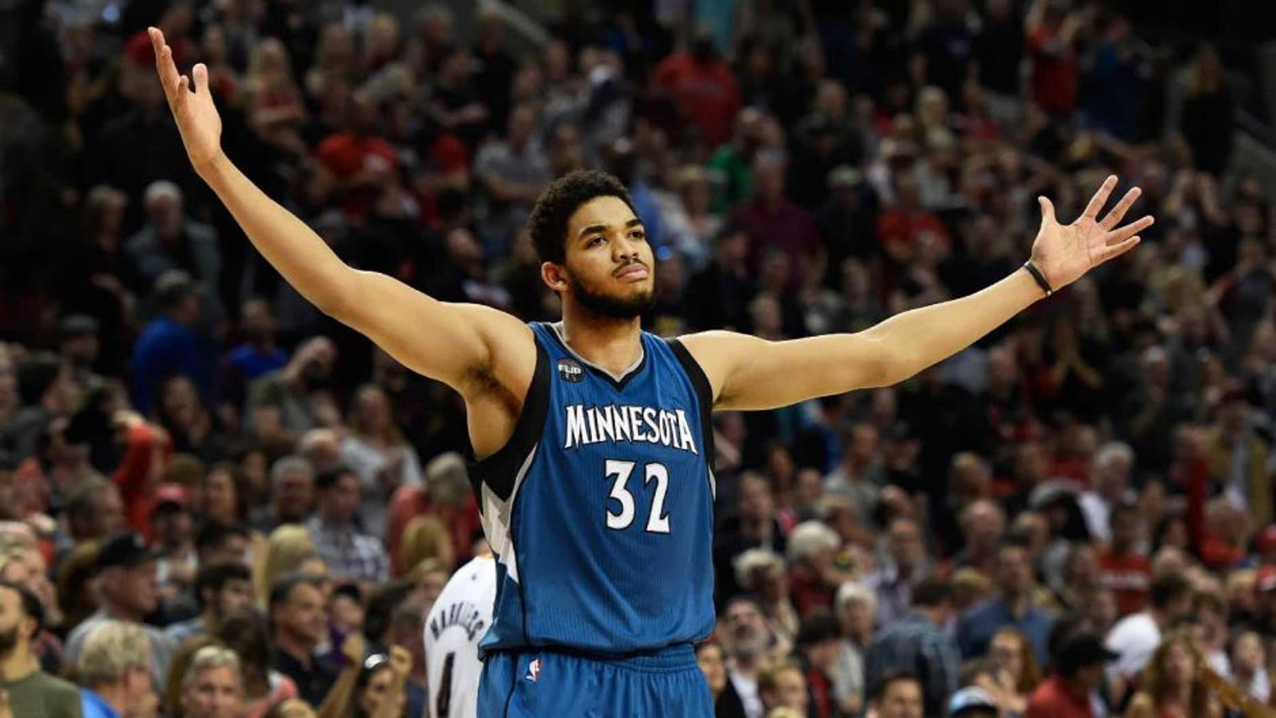 Saturday, April 9: Minnesota Timberwolves center Karl-Anthony Towns celebrates after hitting the game-winning shot against the Portland Trail Blazers.